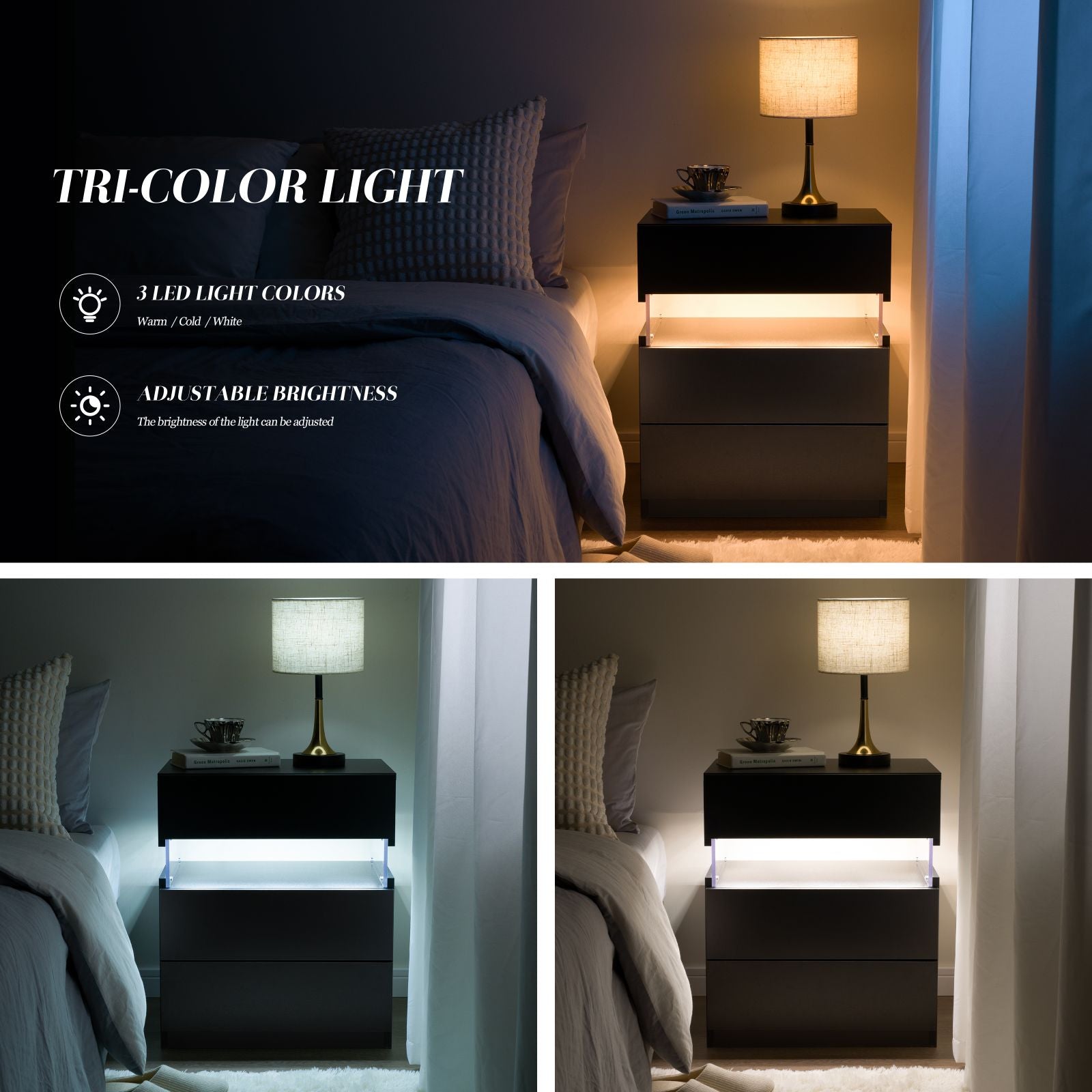 LED Nightstands Acrylic Board LED Bedside Tables for Bedroom End Table with 3 Drawer Dresser for Bedroom Living Room Bedside Furniture (Black)