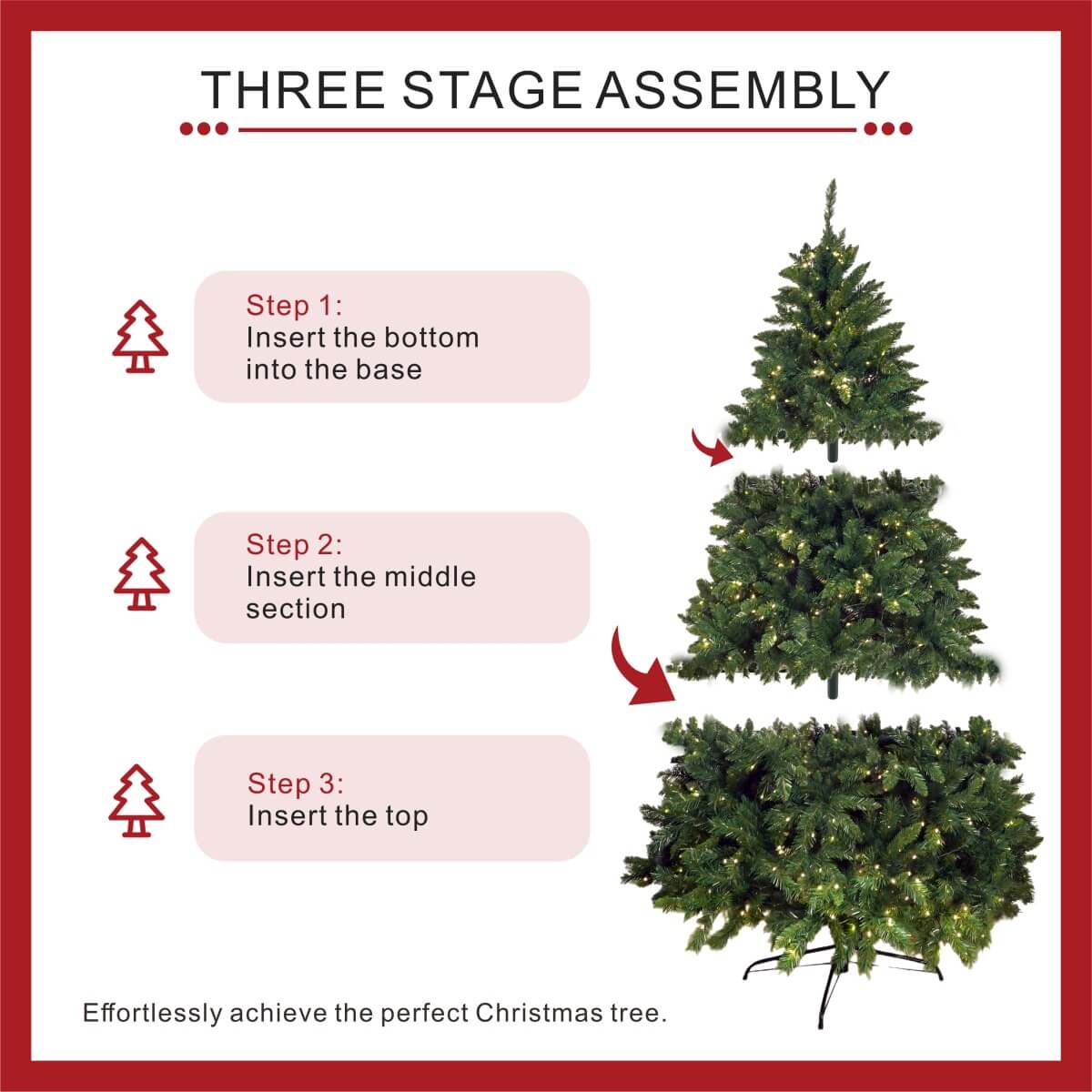 Artificial Christmas Tree – Realistic PVC Xmas Tree with Optional Pre-Lit Warm White LED Lights, 5ft 6ft 7ft, Metal Stand