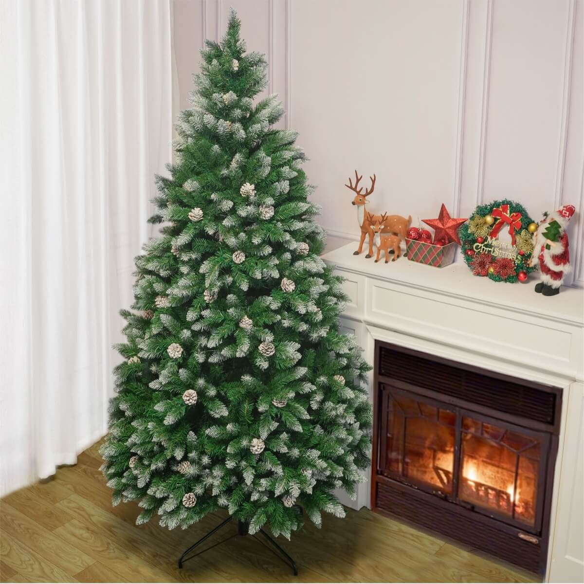 Snow Flocked Artificial Christmas Tree with Pine Cones – Pre-Lit or Unlit PVC Xmas Tree, Warm White LEDs, 5ft 6ft 7ft
