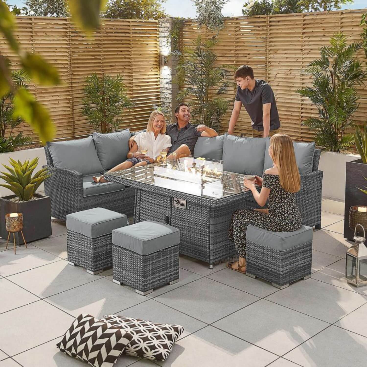 8-Seater Outdoor Corner Sofa Set with Rectangular Fire Pit Table and 3 Footstools – PAF-16591