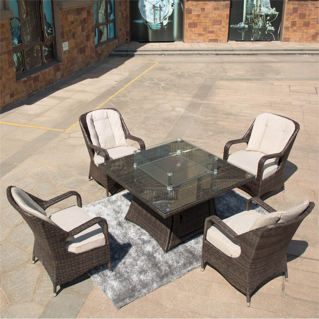 4 Seats Square Fire Pit Set in Brown 
