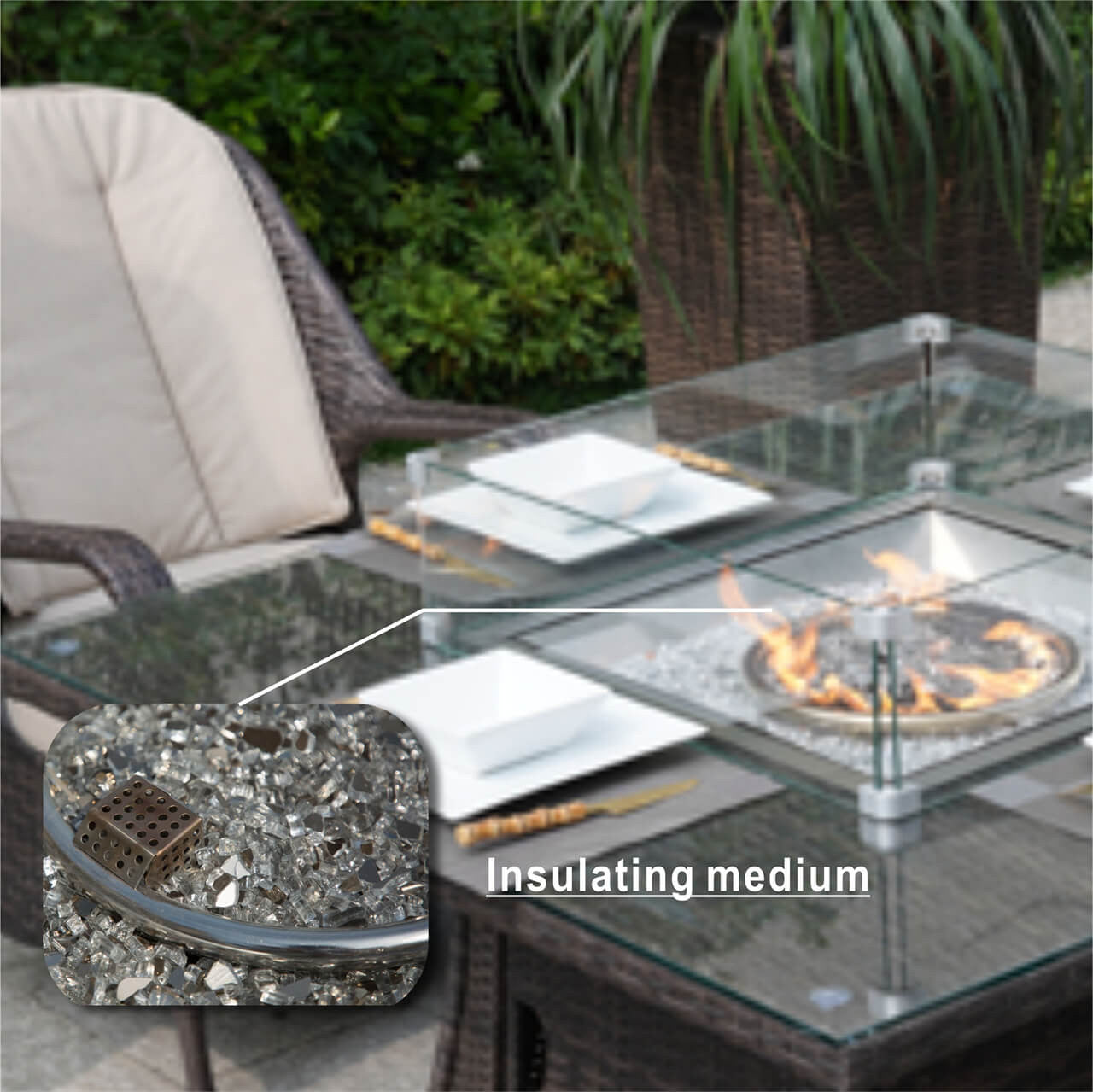 Details of 4 Seats Square Fire Pit Table in Brown 