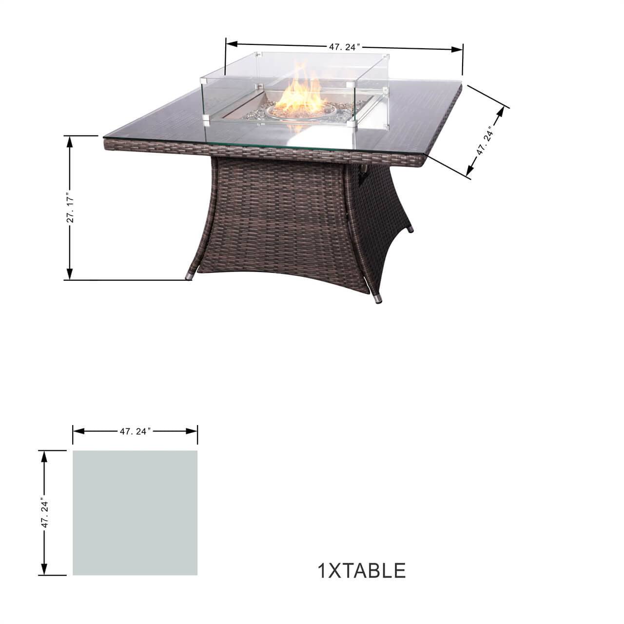 Size of 4 Seats Square Fire Pit Table in Brown 