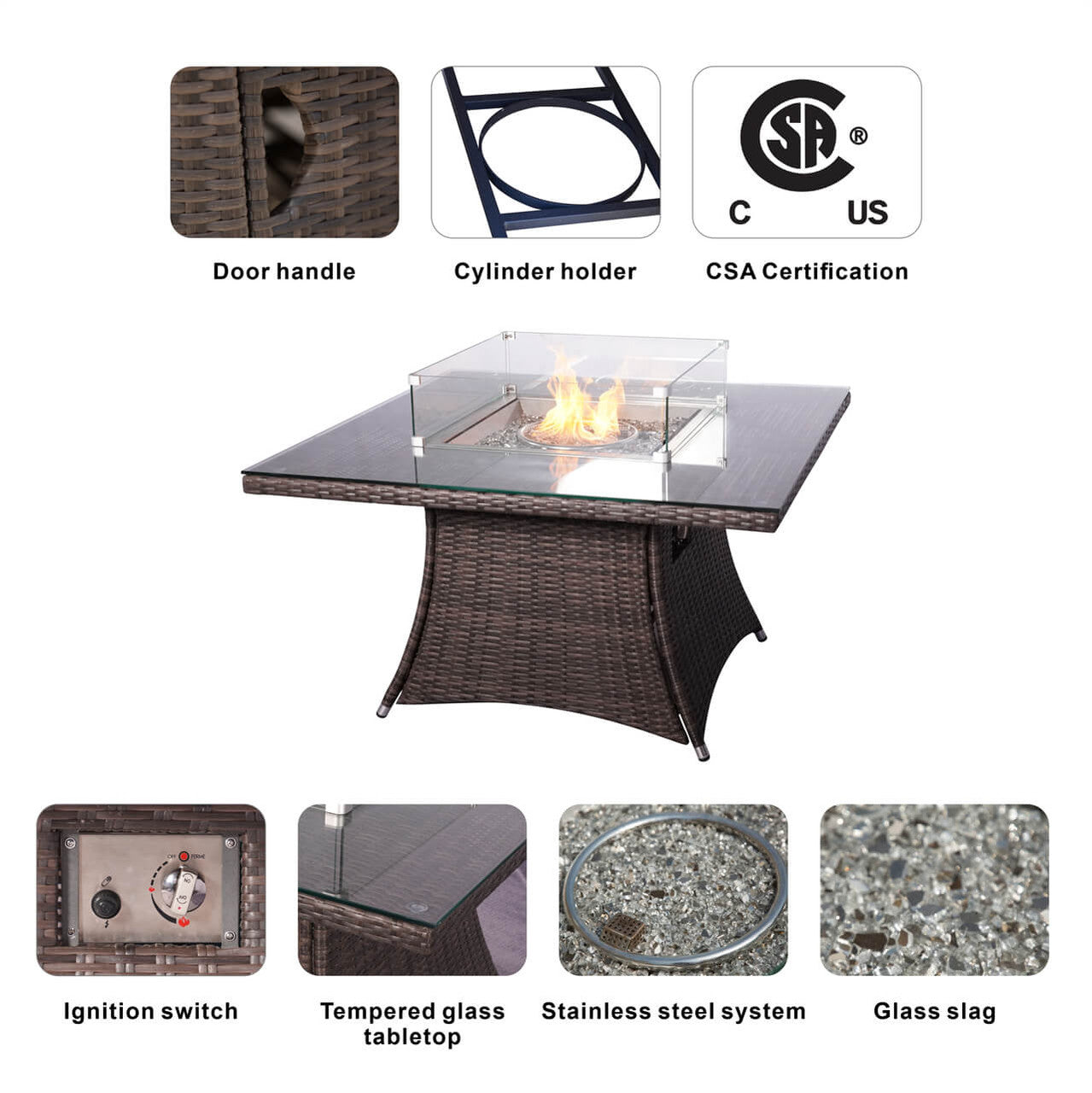 Details of 4 Seats Square Fire Pit Table in Brown 