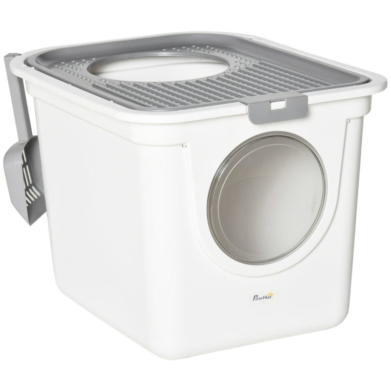 Cat Litter Box, Enclosed Kitten Pan with Front Entrance Top Exit, High Side, Scoop, White