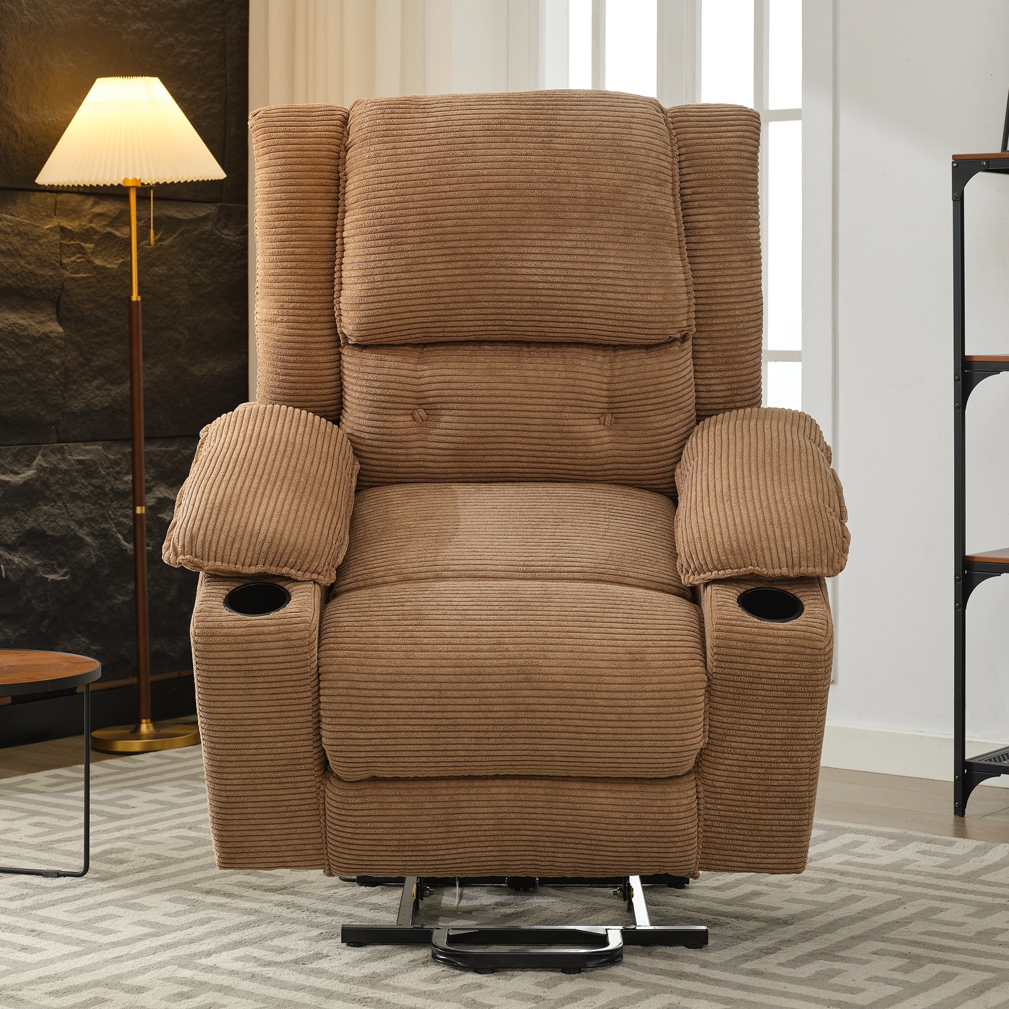 Oversized Power Lift Chair, Recliner with Heat & Massage, Single Sofa, Cup Holders, Upholstered Fabric, Light Brown
