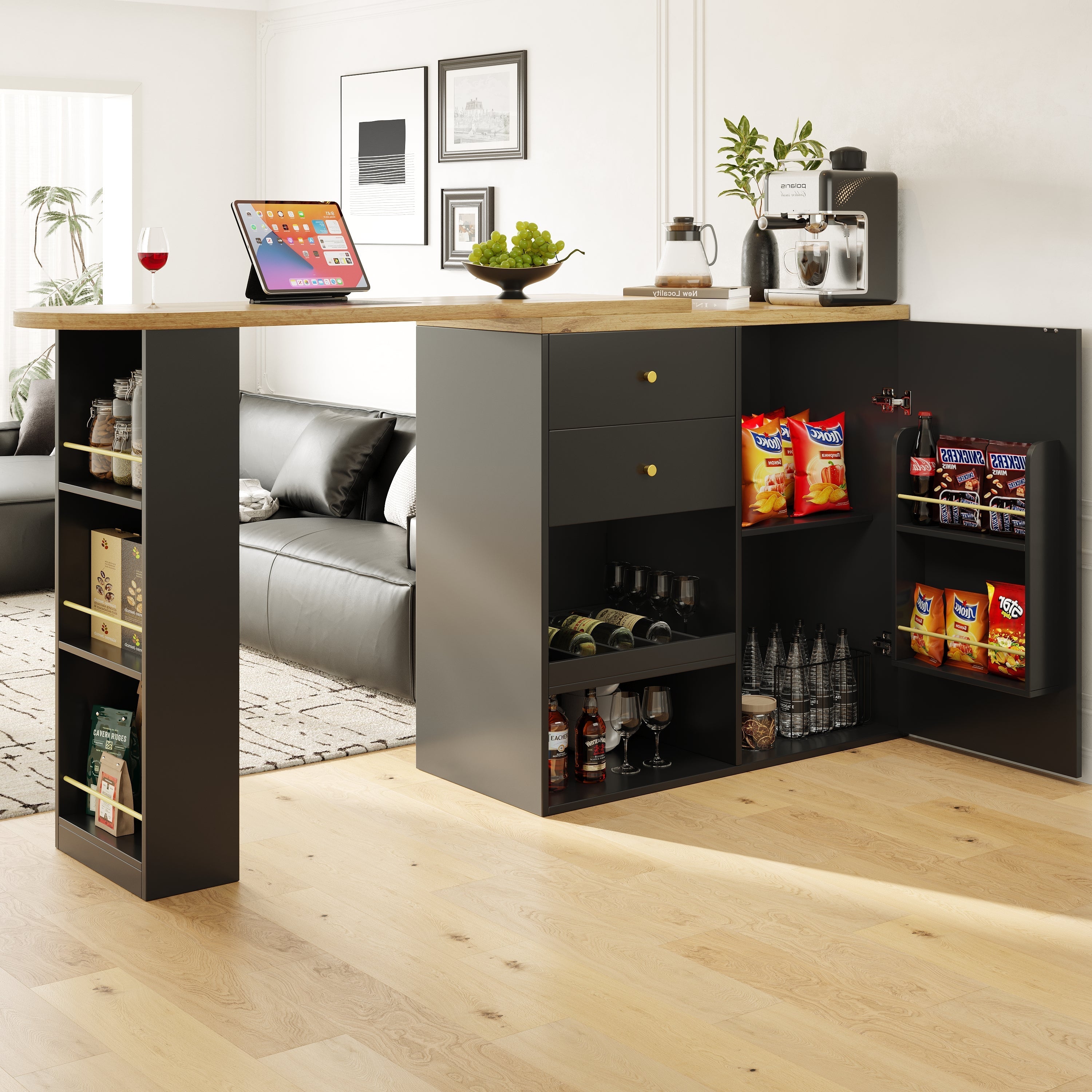 360¡ã Swivelling Bar Table with 2 Drawers, Sliding Door Cabinet & 3 Levels of Open Storage, MDF