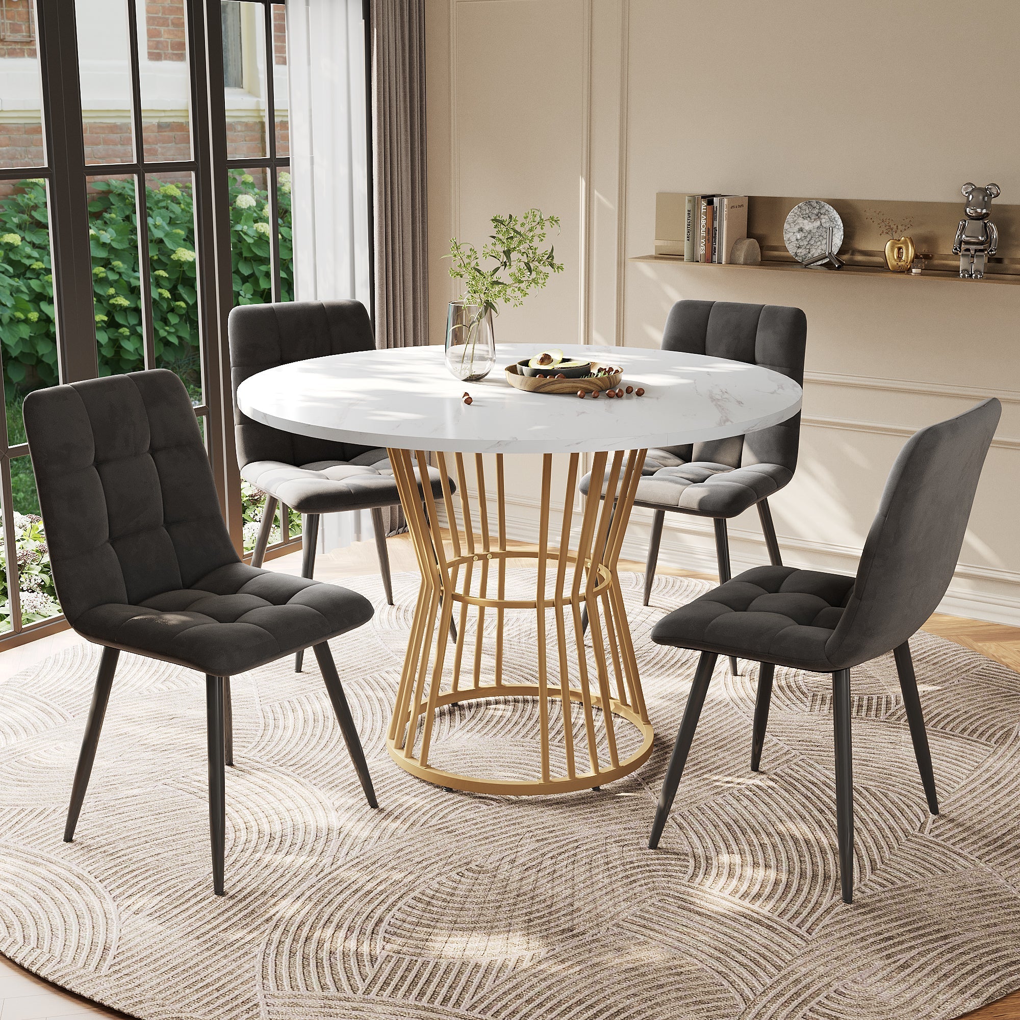 Dining Table Set, 5-Piece Round with Golden Metal Legs, White MDF Top & Gray Velvet Chairs