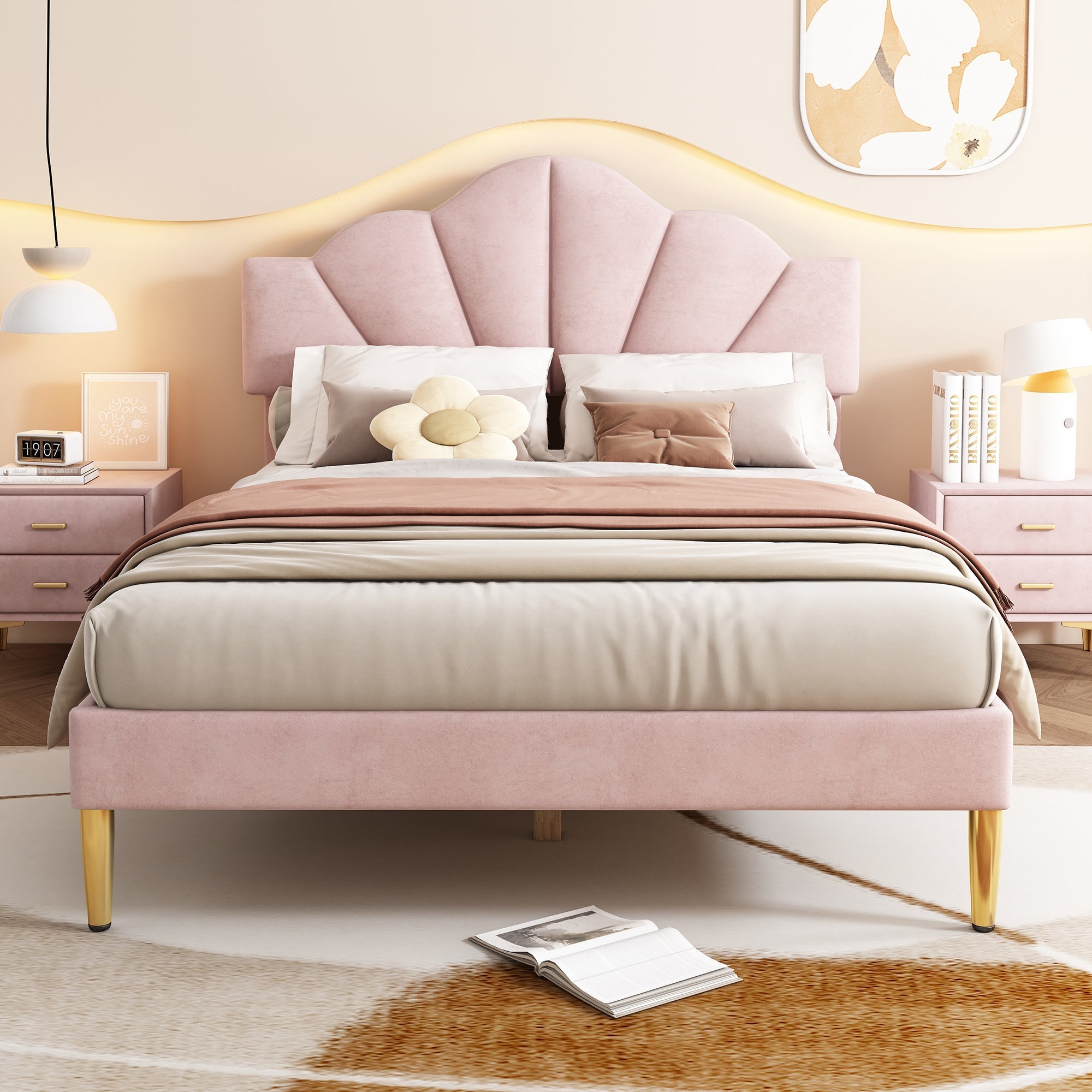 Velvet Upholstered Bed, King Size (150x200cm), Shell-Like Headboard with Golden Iron Legs, Adjustable Height, Wooden Slats, Pink