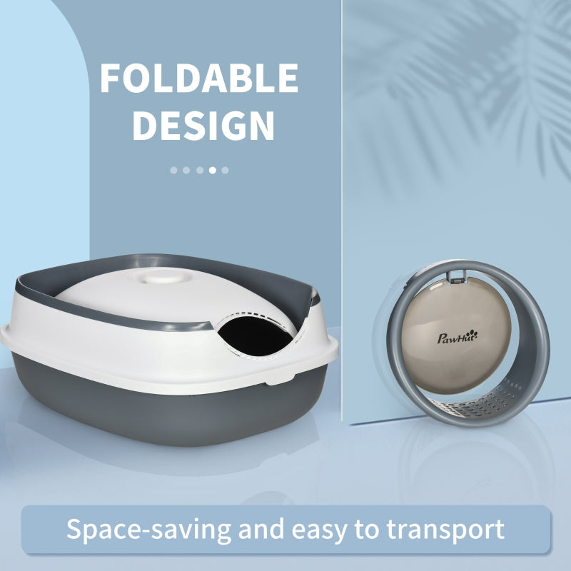 Cat Litter Tray Foldable with Lid, Deodorant, Scoop, White