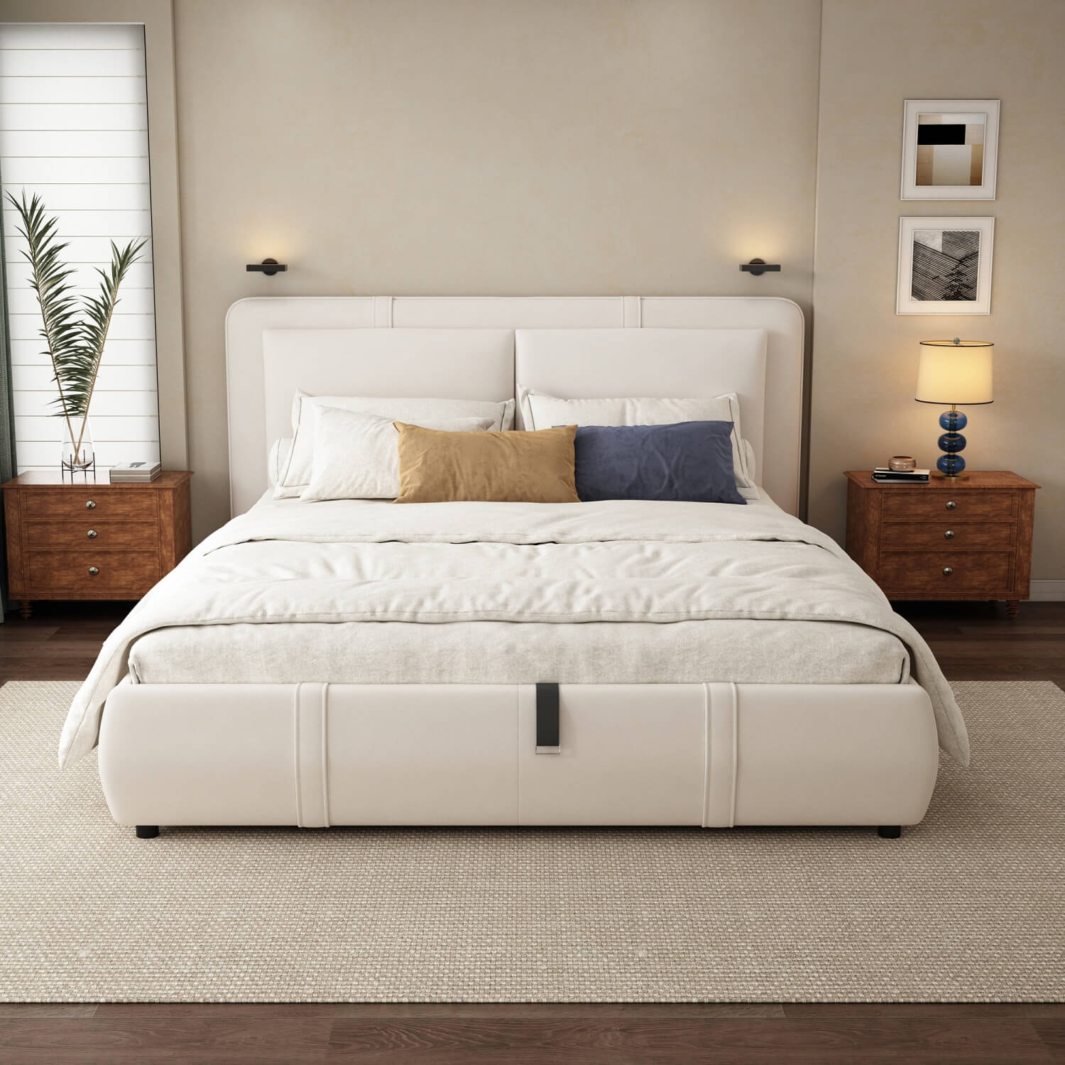 4ft6 Double Upholstered Storage Bed – Hydraulic Lift, Velvet Bed Frame with Removable Headboard, Beige