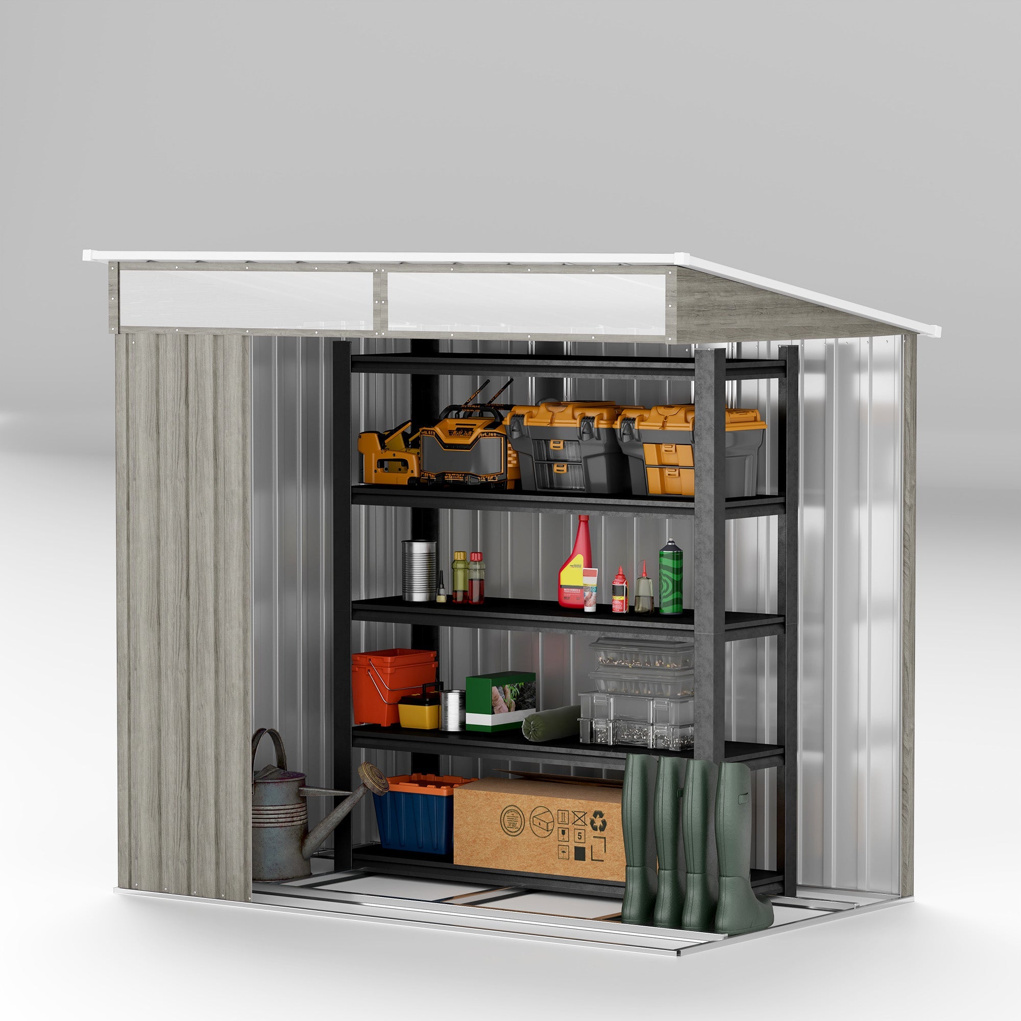 Metal Shed 6.5 x 4FT Galvanised, Lockable Tool Garden Shed with Double Sliding Doors, Vents, Light Grey Wood Effect