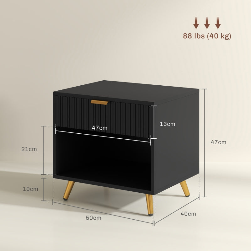 Elegant Bedside Table with Drawer and Shelf - Black/Gold Tone