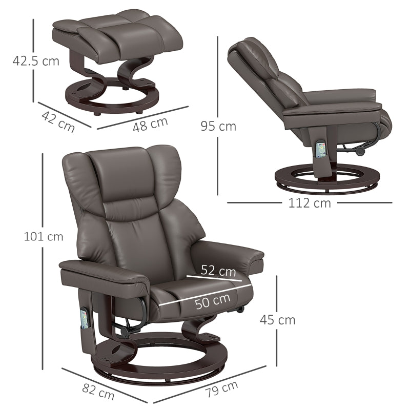 Massage Recliner Chair with Footstool, Adjustable Backrest, Swivel, Brown