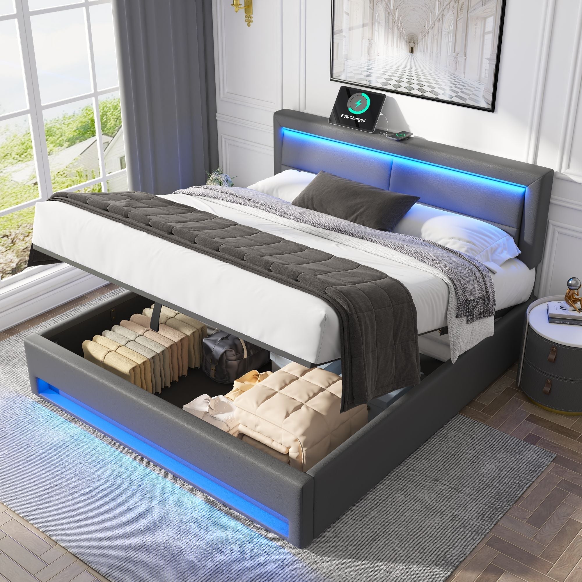 Upholstered Bed 135x190cm Double 4ft6 with USB Charging, LED Lighting & Storage, PU-Lychee, Grey