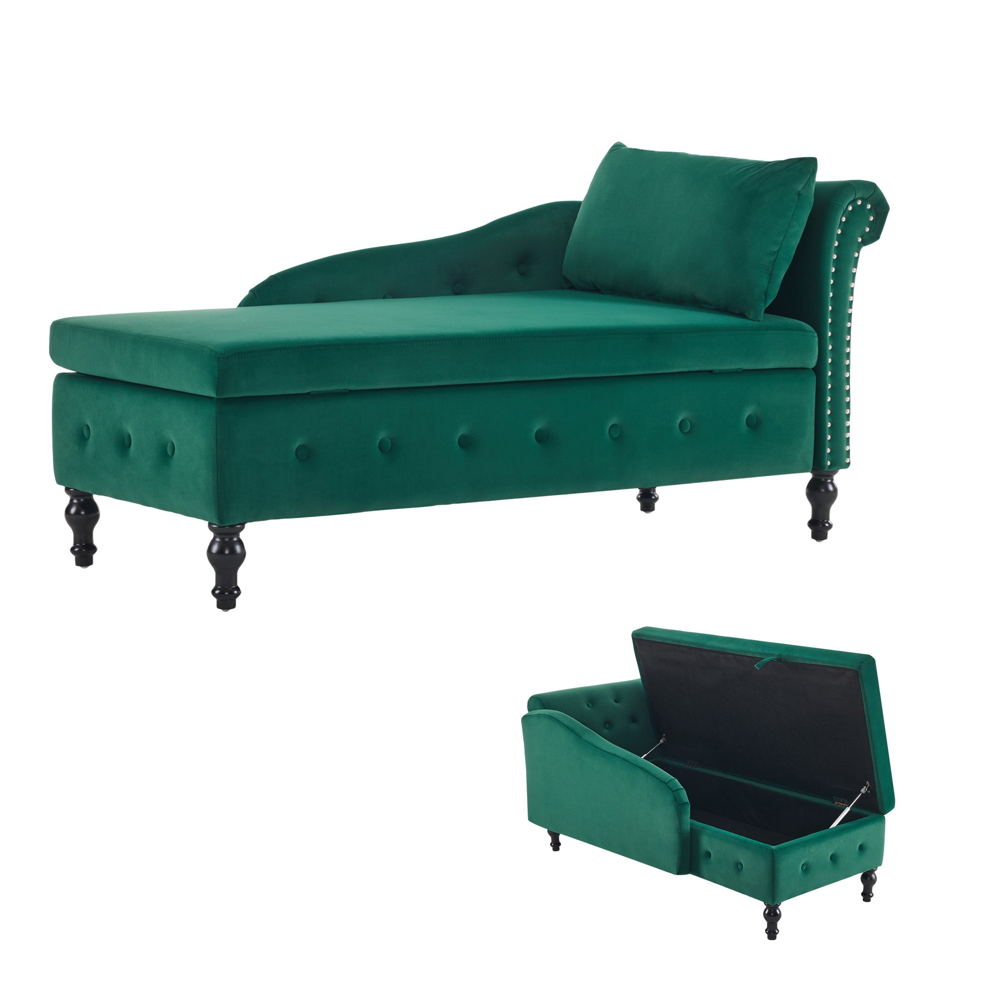 Velvet Chaise Lounge Sofa with Storage, Upholstered, Modern Nailhead-Trim & Button-tufted, Right Armrest