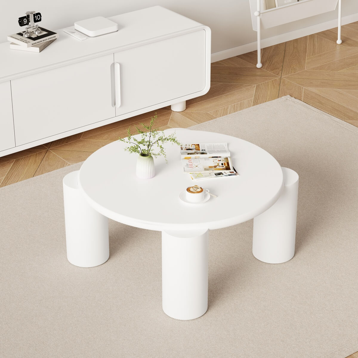 White Round Coffee Table – Modern Painted Wooden Tea Table with 4 Legs for Living Room, Bedroom or Apartment