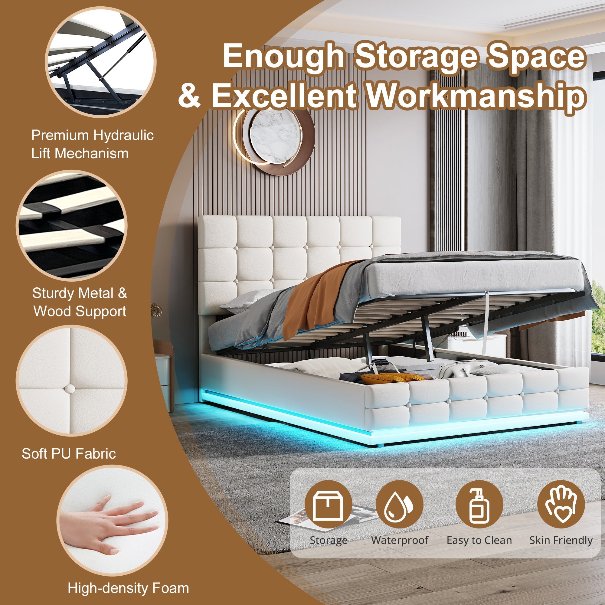 Ottoman Double Bed with LED Lighting, Hydraulic Storage, Adjustable Button Tufted Headboard, Cream White PU Leather (No Mattress)