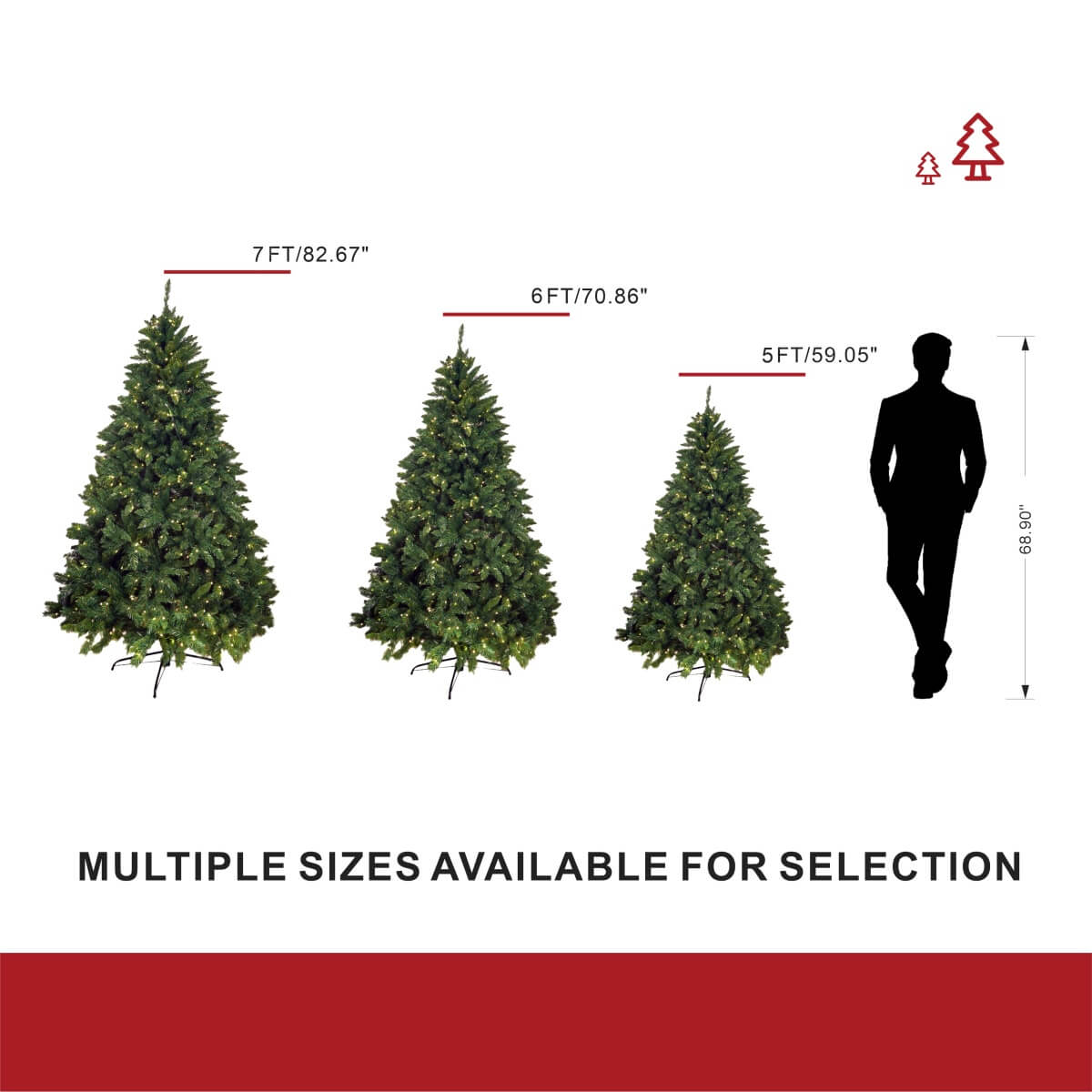 Artificial Christmas Tree – Realistic PVC Xmas Tree with Optional Pre-Lit Warm White LED Lights, 5ft 6ft 7ft, Metal Stand