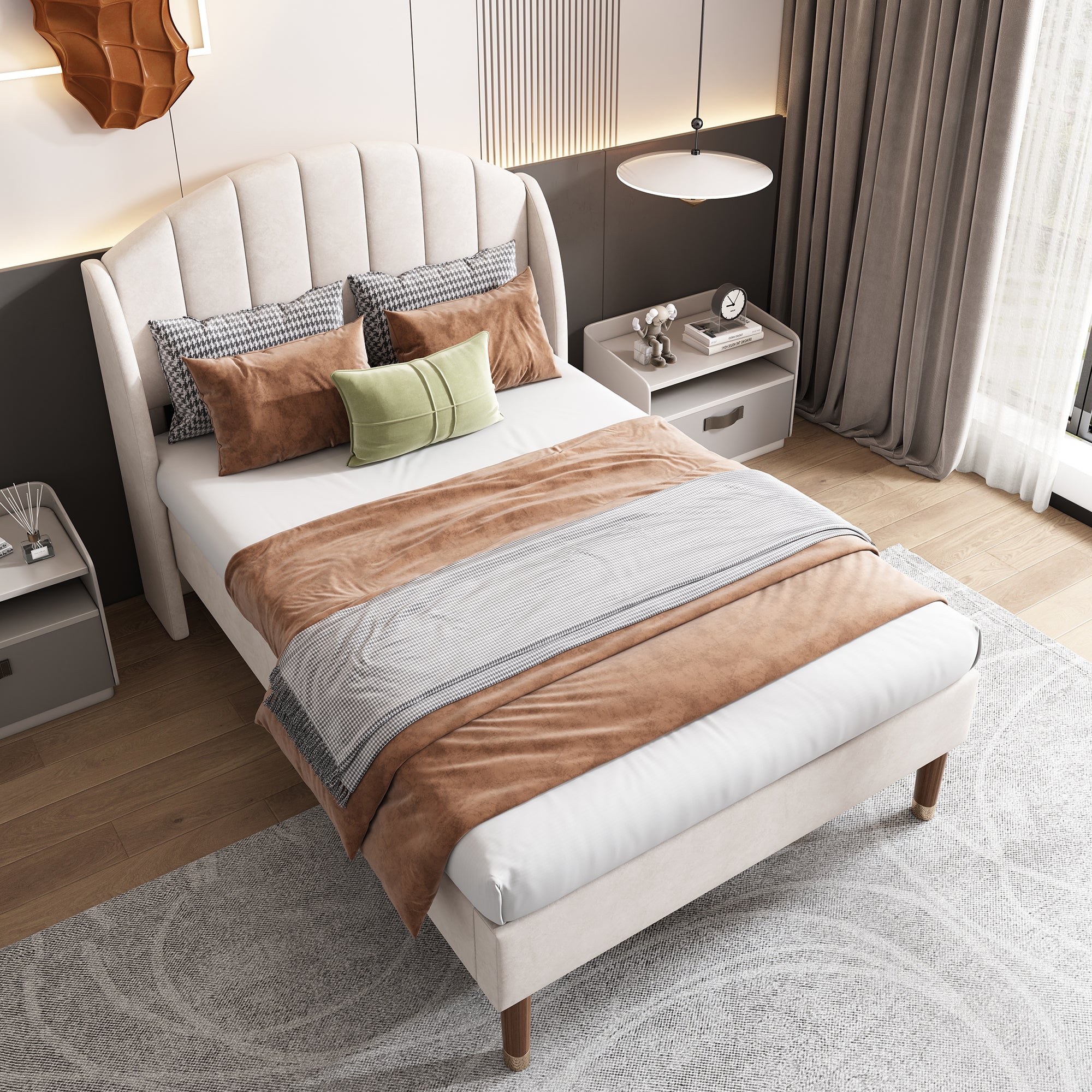 Upholstered bed, Single Bed - 3ft (90*190cm) with Slatted Frame and Headboard, Beige Velvet