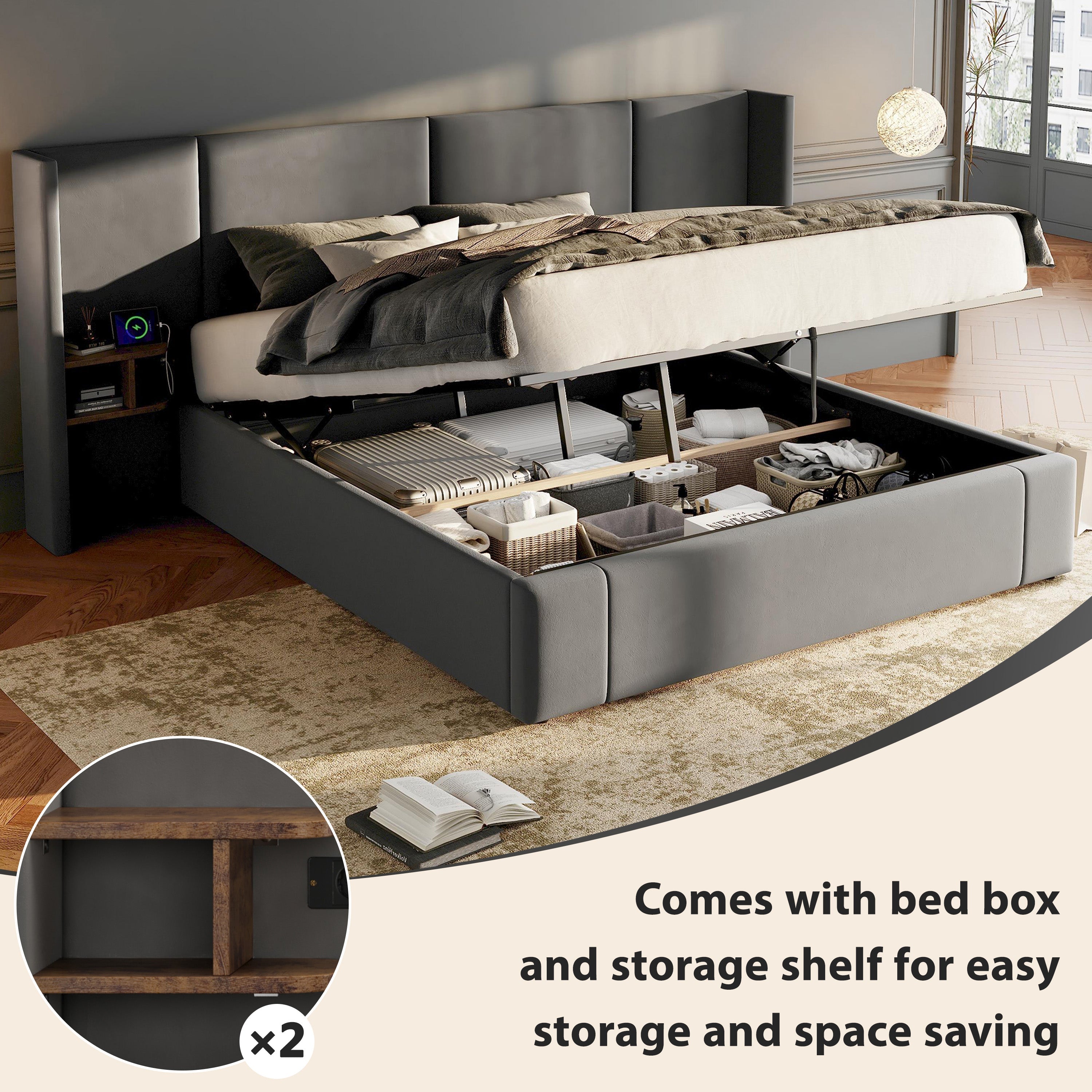 Upholstered King Size 5ft (150*200cm) Ottoman Lift Up Bed Frame with USB, Sockets & Bedside Tables, Velvet Grey