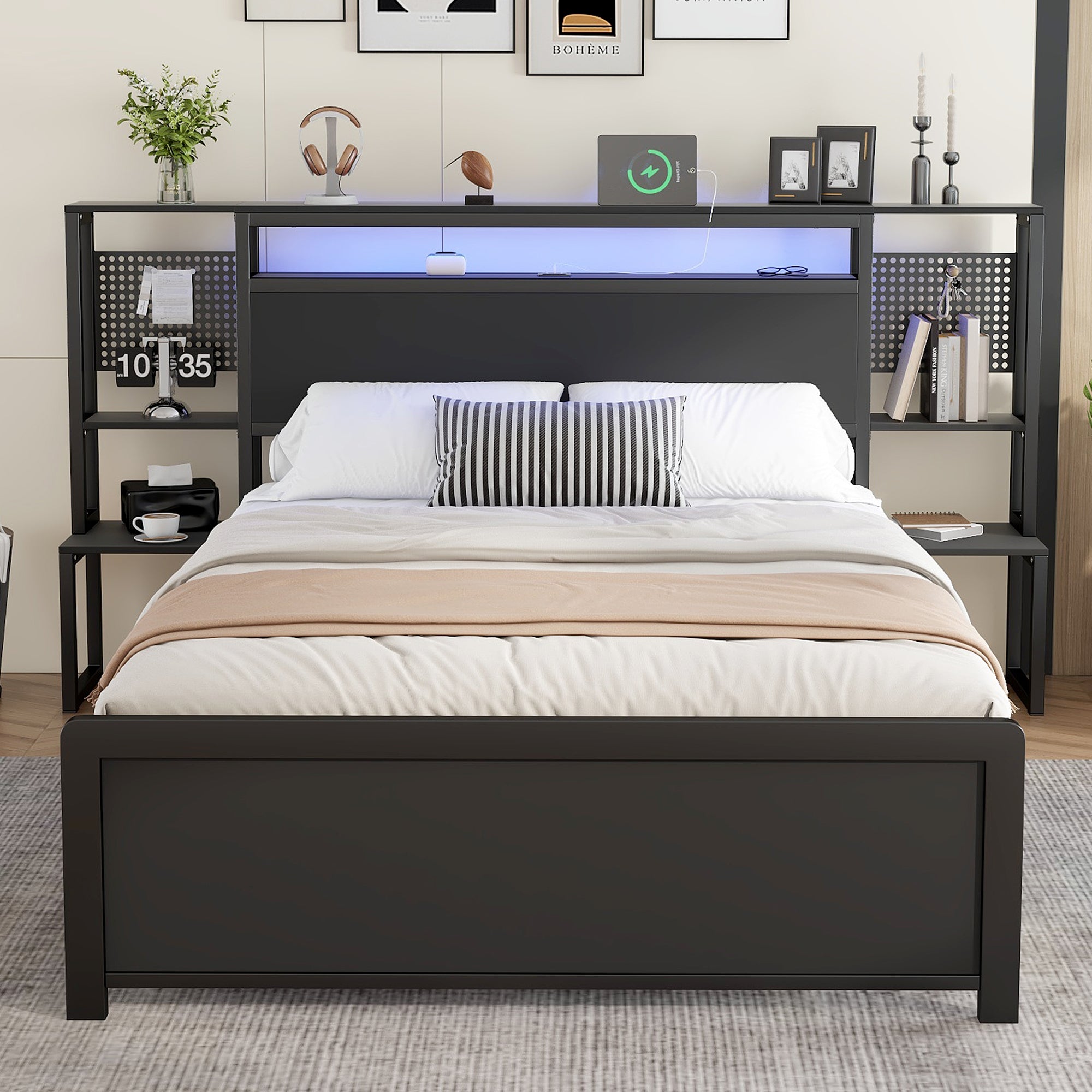 Metal Iron Bed 4ft6 Double 135x190cm with LED Lights & Charging Ports (2A/1C), One-Piece Bedside Table, Black