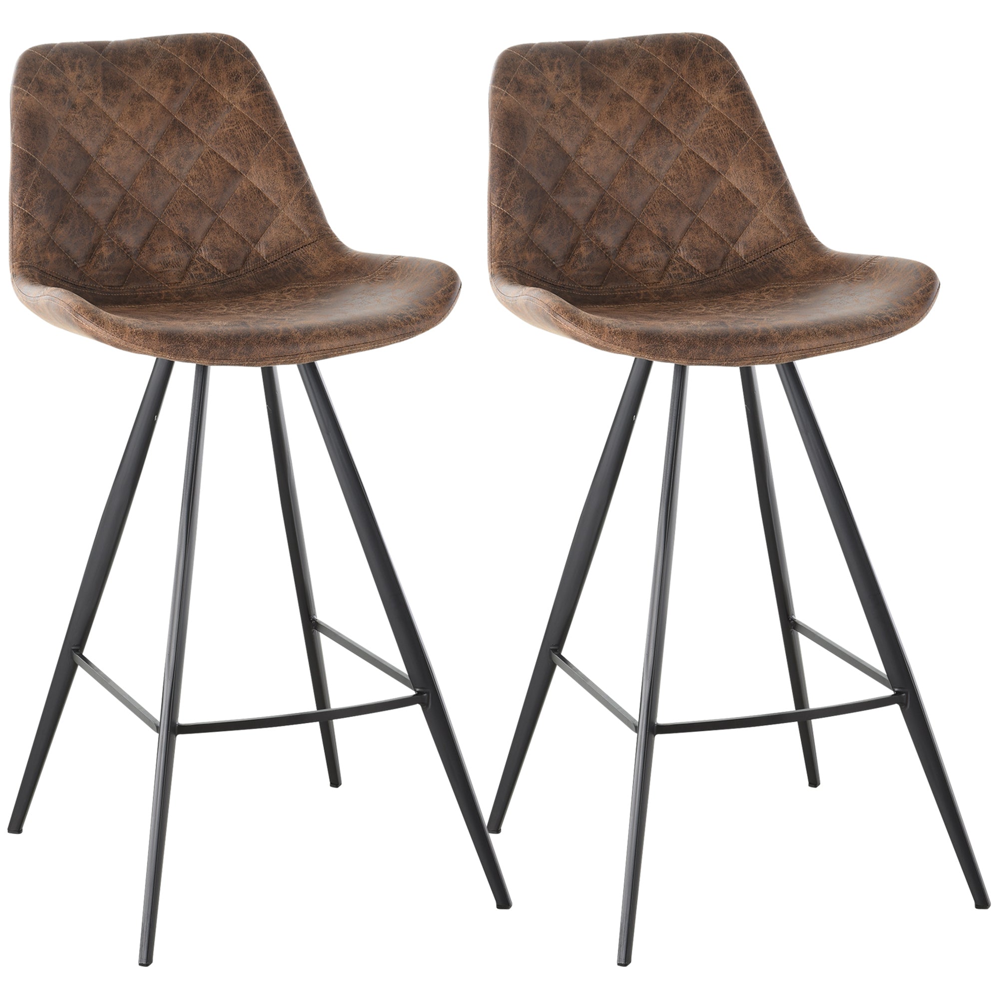 Set Of 2 Bar Stools Padded Quilted Microfiber Cloth Brown
