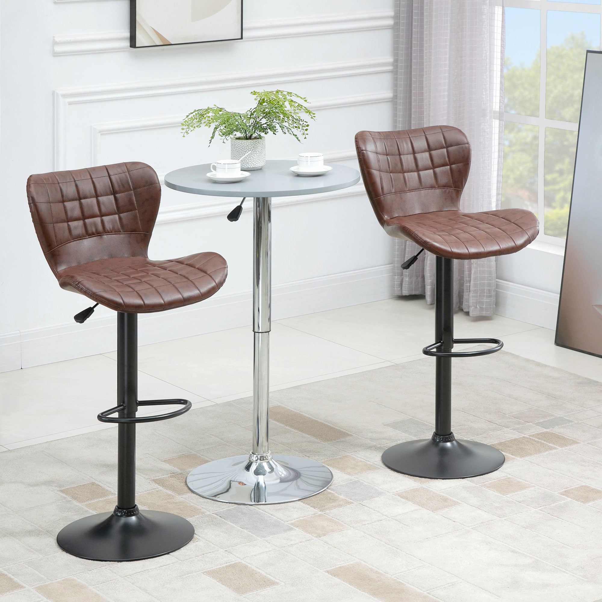 Bar Stools Set of 2, Adjustable Height Swivel Bar Chairs, PU Leather Brown