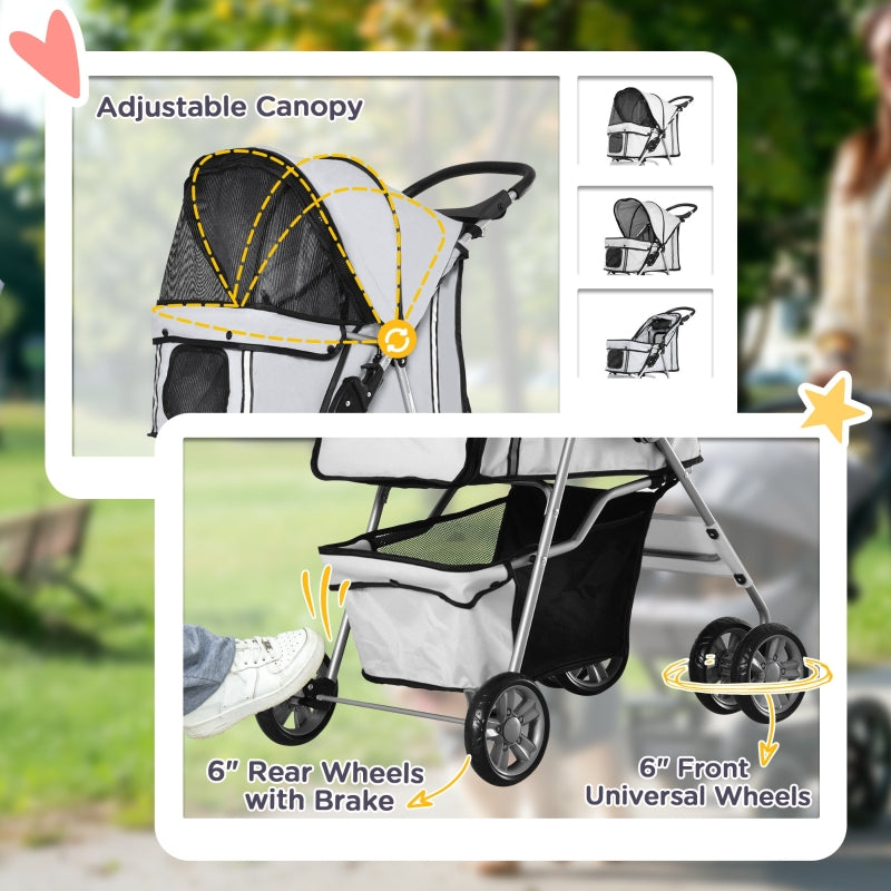 Pet Stroller: Foldable Pushchair with Wheels, Zipper Entry, Cup Holder & Basket, Grey