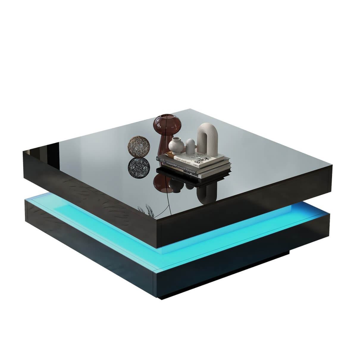 Black High Gloss Coffee Table with 360° Rotating Top & LED