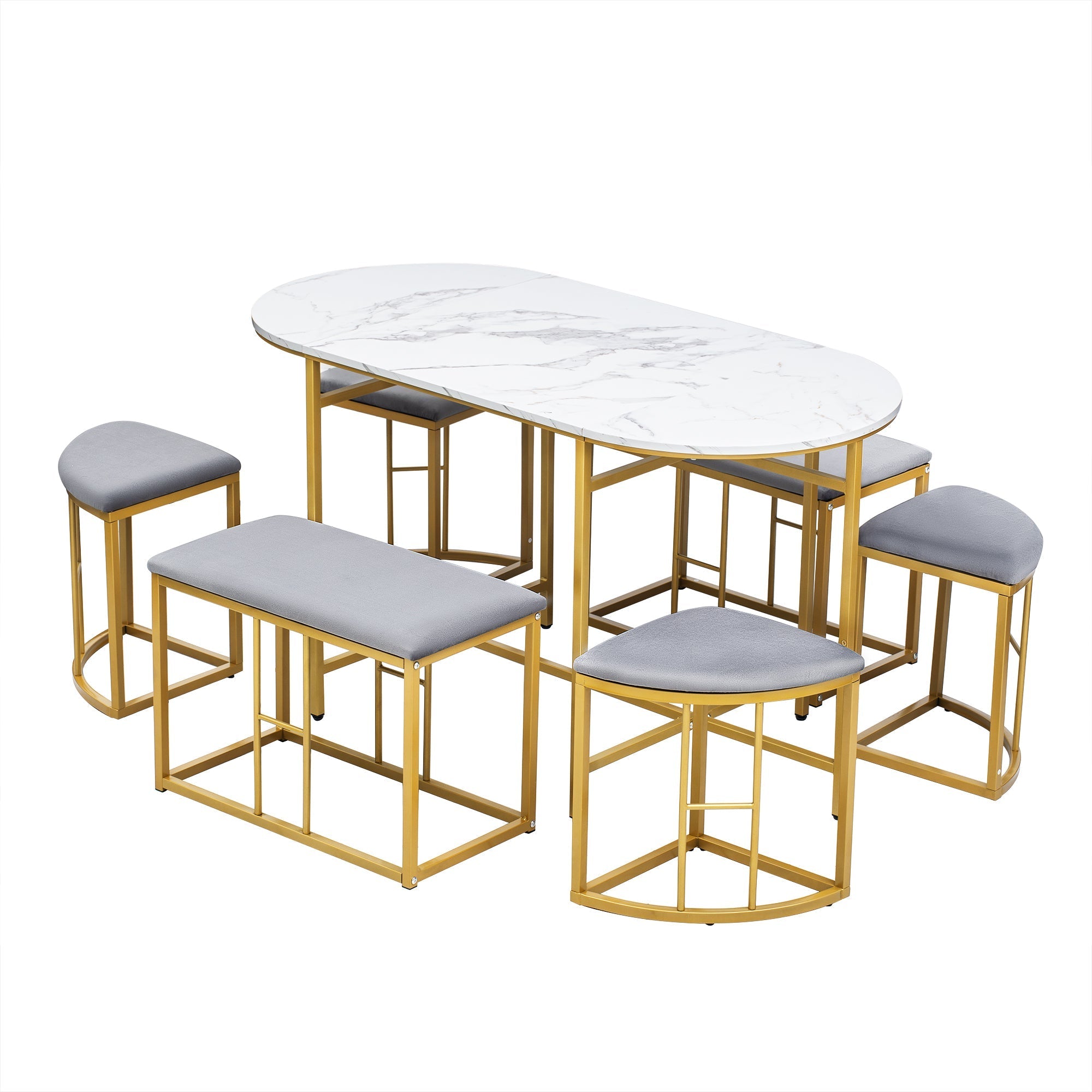 Dining Group Set with Dining Table, 4 Small Stools & 2 Large Stools, Steel Frame, White and Gold, 140x70x76cm