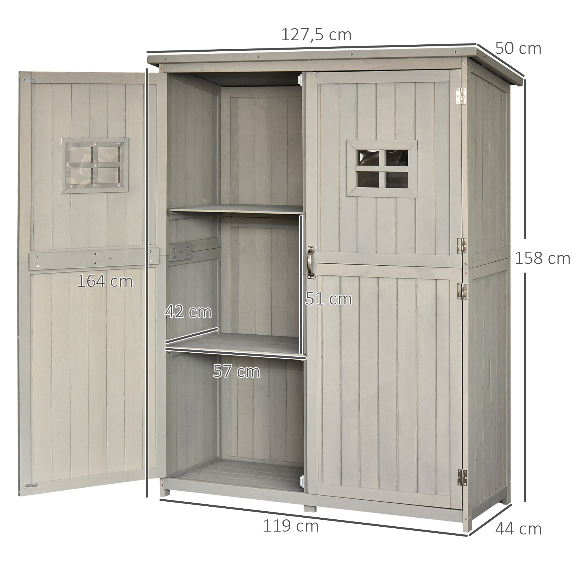 Wooden Garden Shed, Tool Storage Cabinet Outdoor Double Door Organizer, Grey