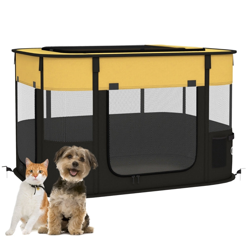 Foldable Dog Pen, Portable Pet Playpen with Ground Stakes - Yellow