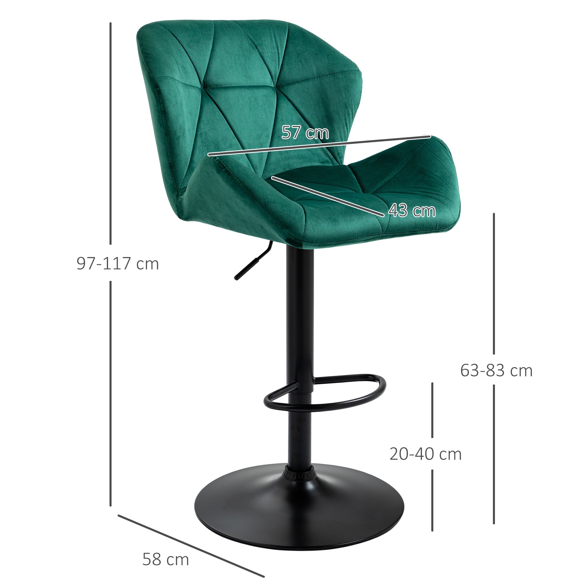 Bar Stools Set Of 2, Adjustable Height with Metal Frame Footrest, Velvet-Touch Green