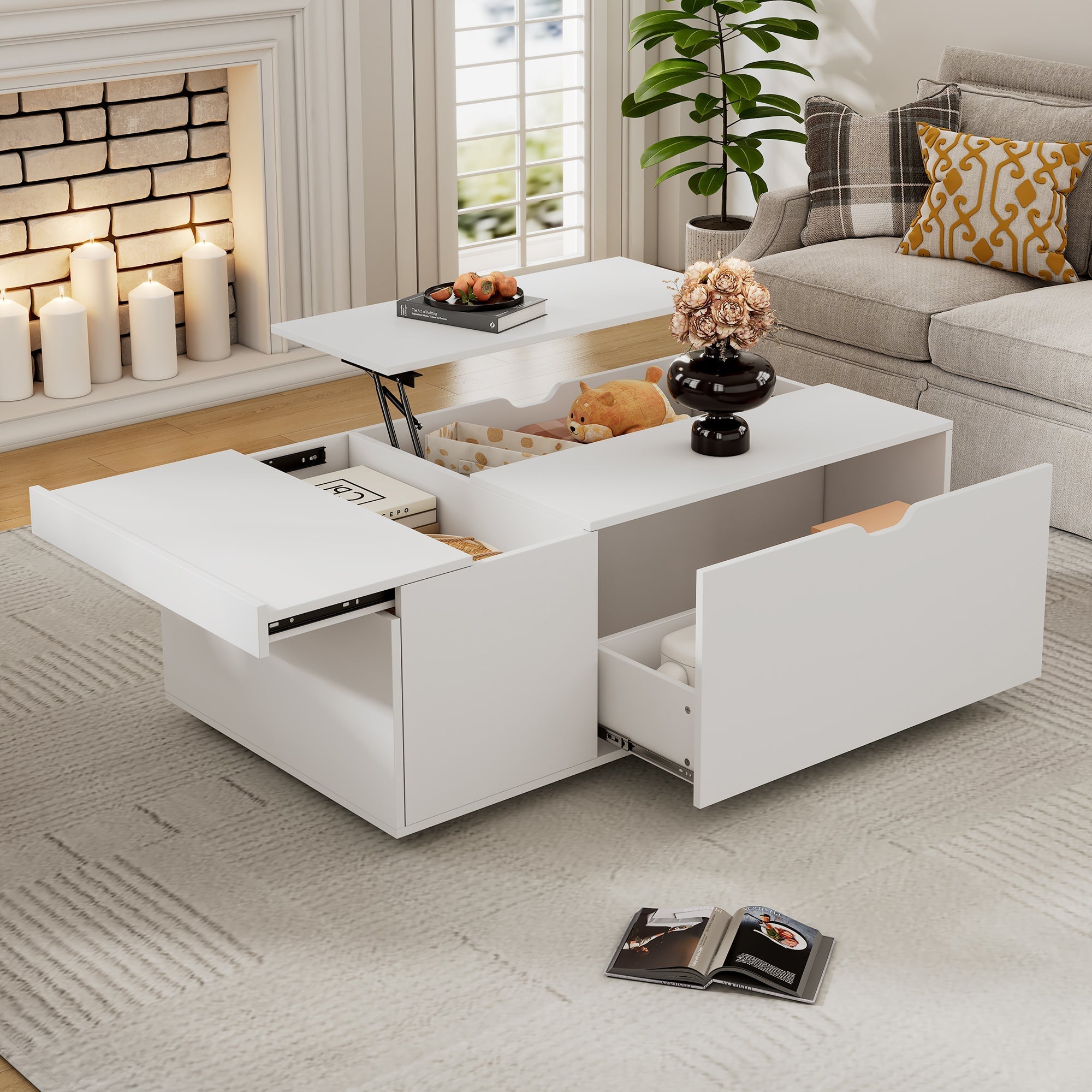 Lift Up Coffee Table, Coffee Table With Drawer, Wooden Tea Tables Sofa End Tables for Living Room Furniture , White