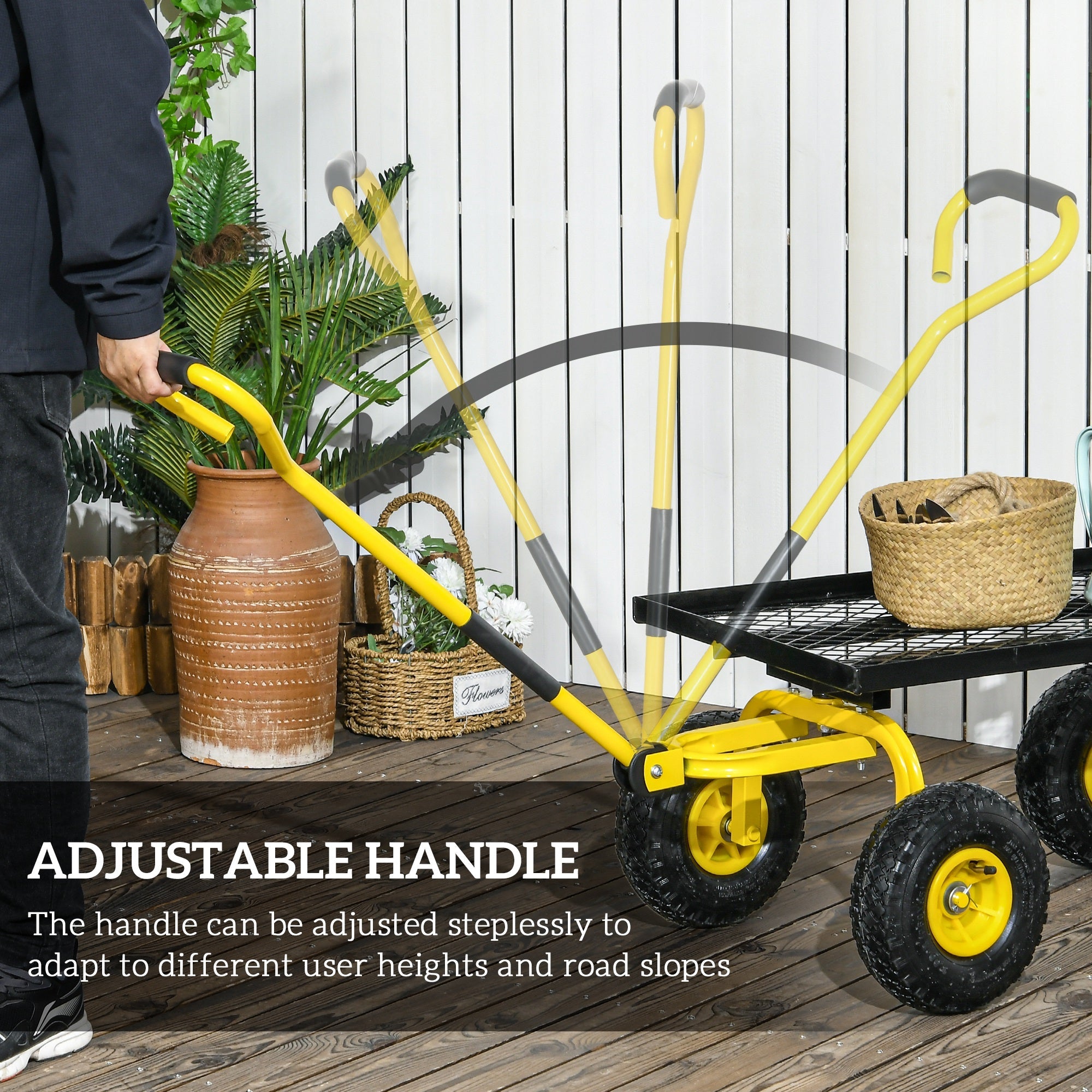 Garden Trolley Cart: Heavy Duty, 10" Pneumatic Wheels, 150kg Capacity, Yellow