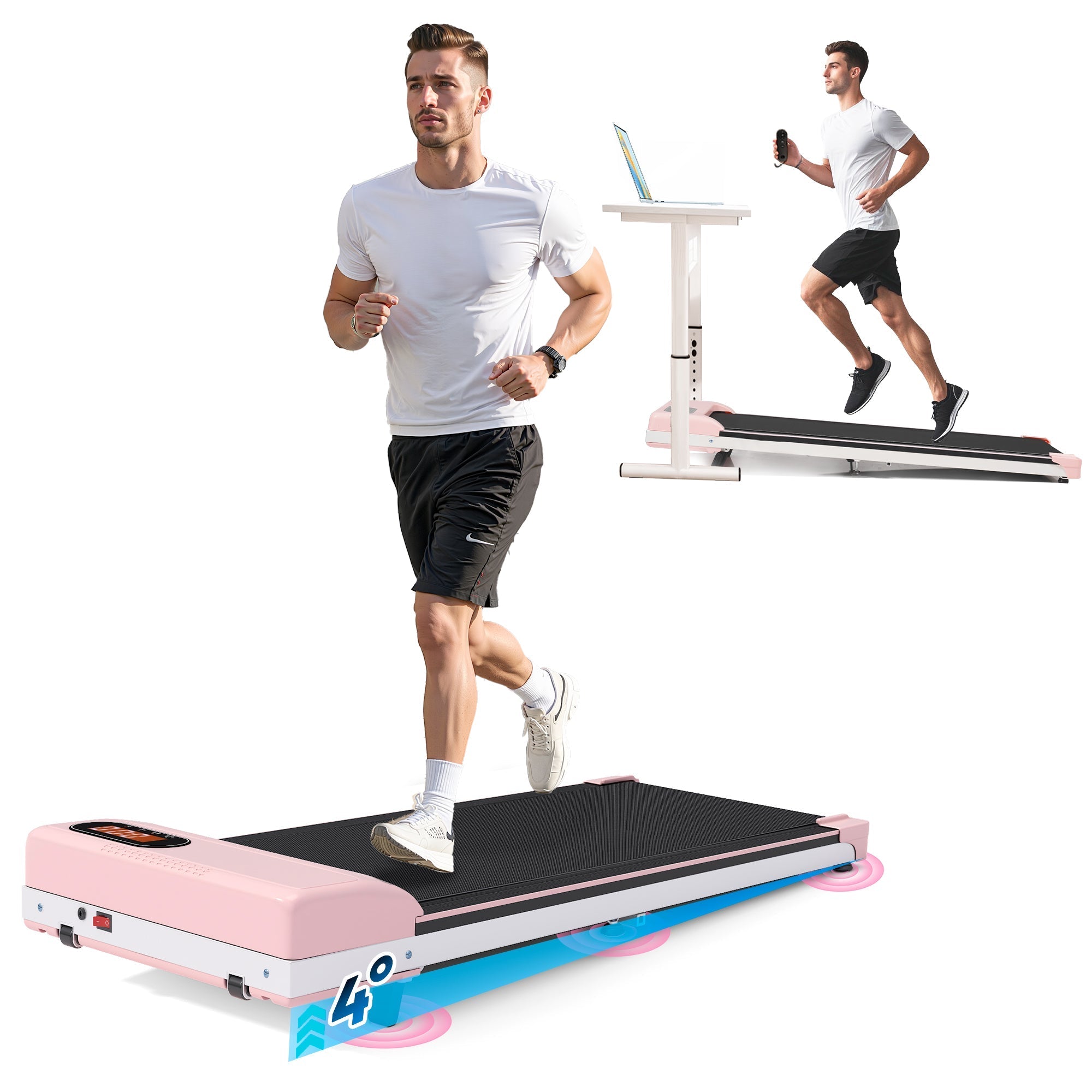Folding Under Desk Walking Pad Treadmill with Adjustable Incline, 1-6 km/h Low Noise for Home & Office, LED Display, Magnetic Remote Control, Transport Wheels & Plug, Pink.