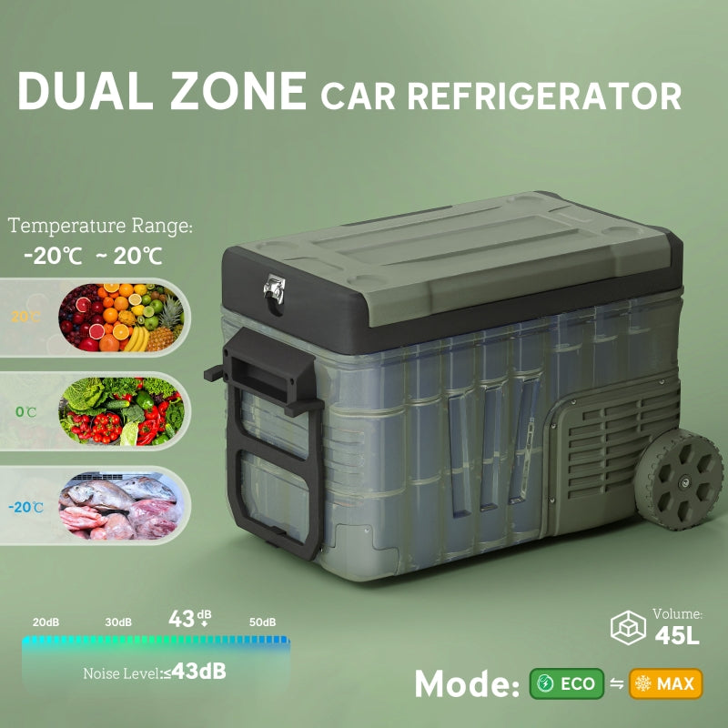 33L Camping Fridge Freezer Dual Zone Portable Car Electric Cool Box with Wheels and LED Light