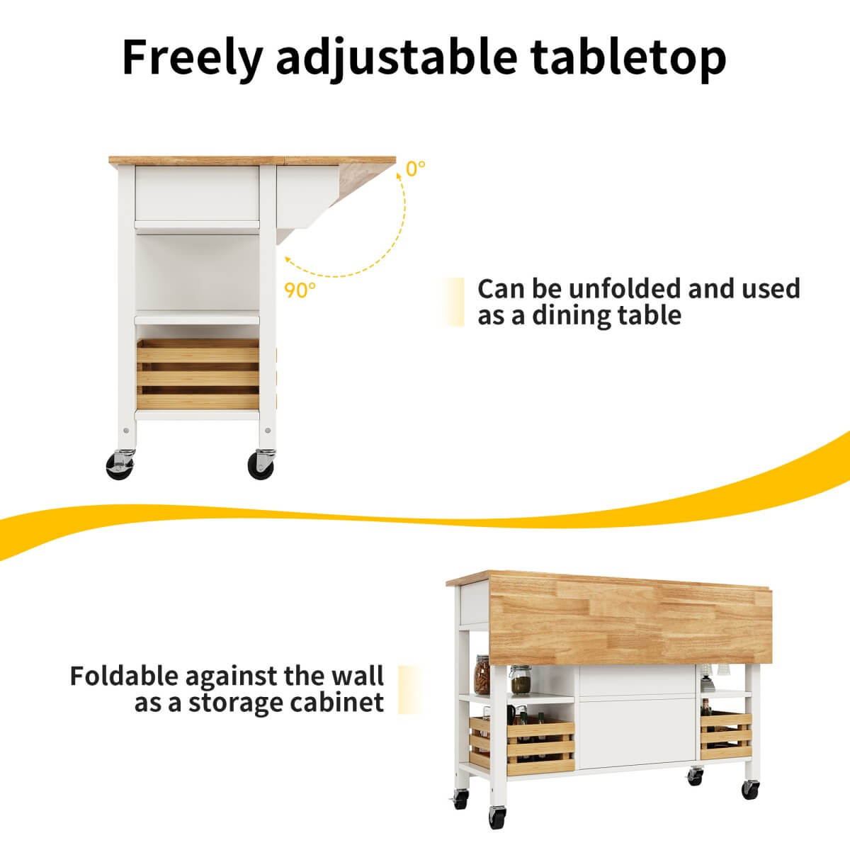 Kitchen Island Trolley on Wheels — Storage Cabinet with 3 Drawers, Adjustable Shelf & Spice Rack