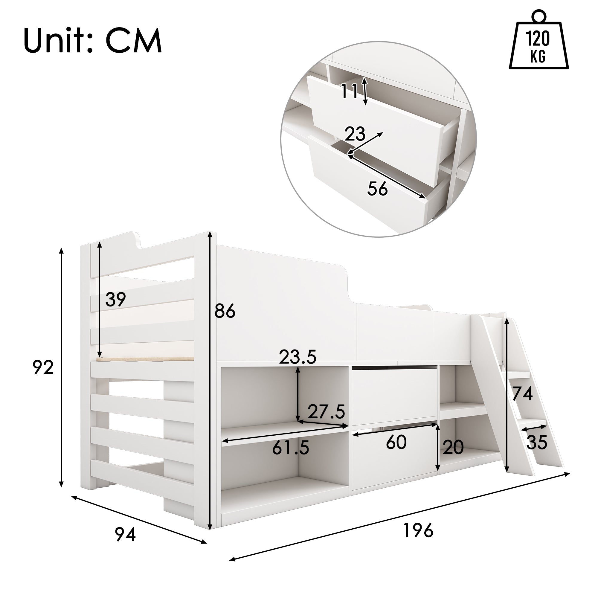 Cabin Bed Mid Sleeper, Storage Kids Wooden Bed with Drawers & Shelf, Low Sleeper 3ft Single, White Wood