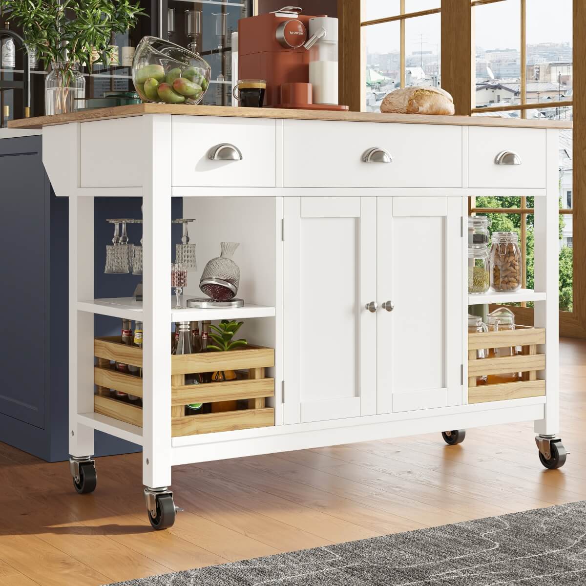 Kitchen Island Trolley on Wheels — Storage Cabinet with 3 Drawers, Adjustable Shelf & Spice Rack