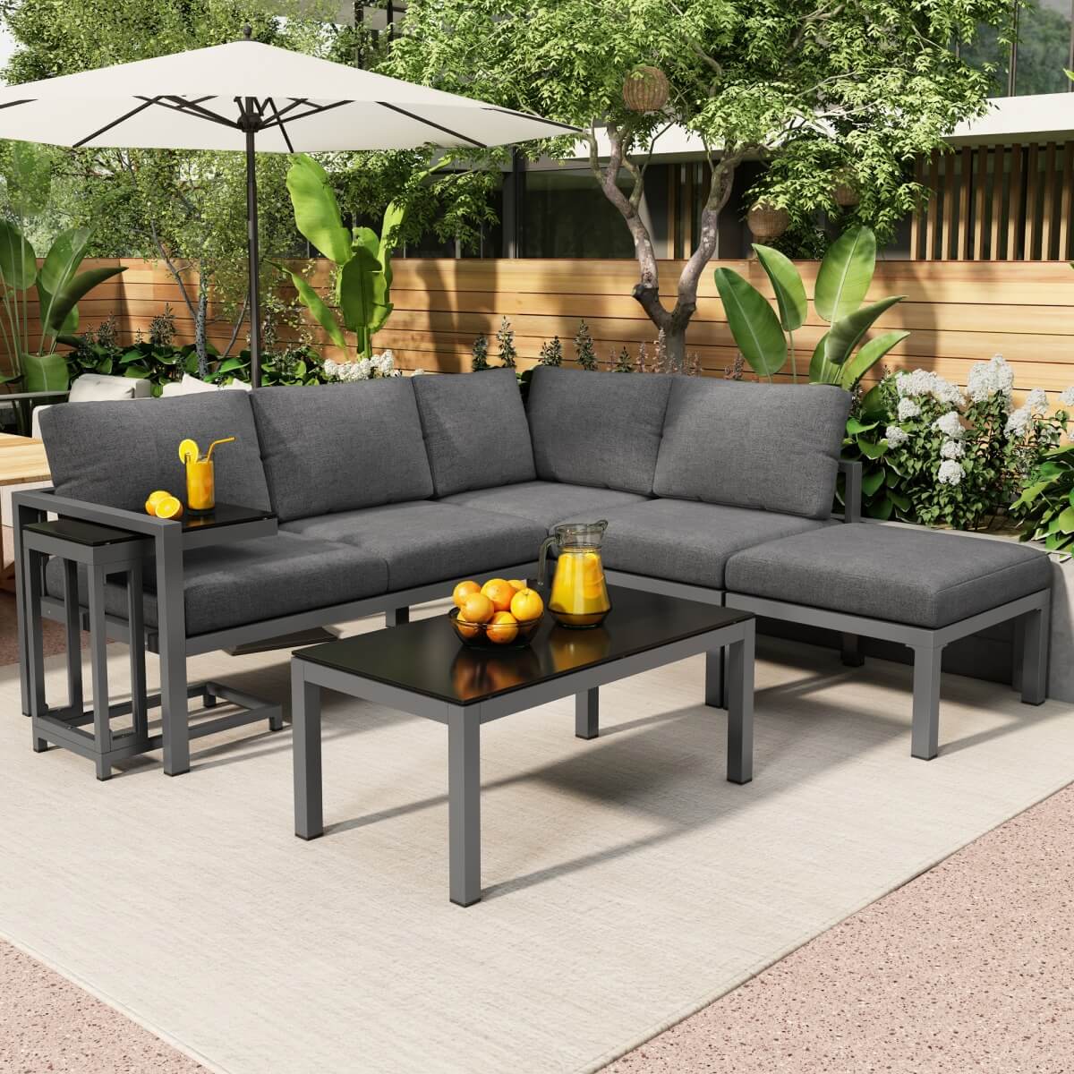 4 to 5 Seater Outdoor Garden Corner Sofa Set – All Weather Lounge Furniture with Coffee Table and Side Table
