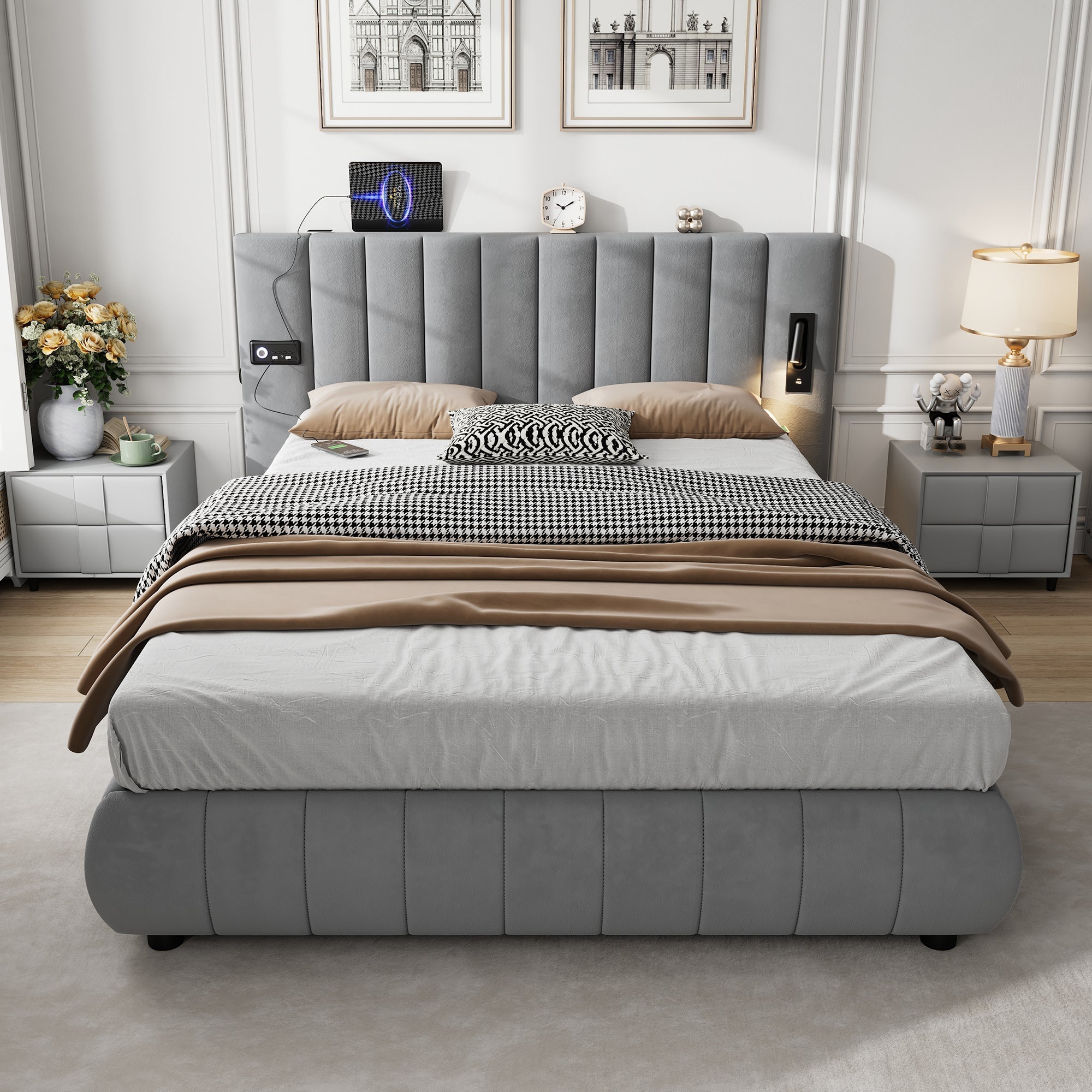 Upholstered Bed King Size 150x200cm with Stereo, USB Ports, Lighting, Electrical Plug & Soft Headboard, Grey Velvet+Iron
