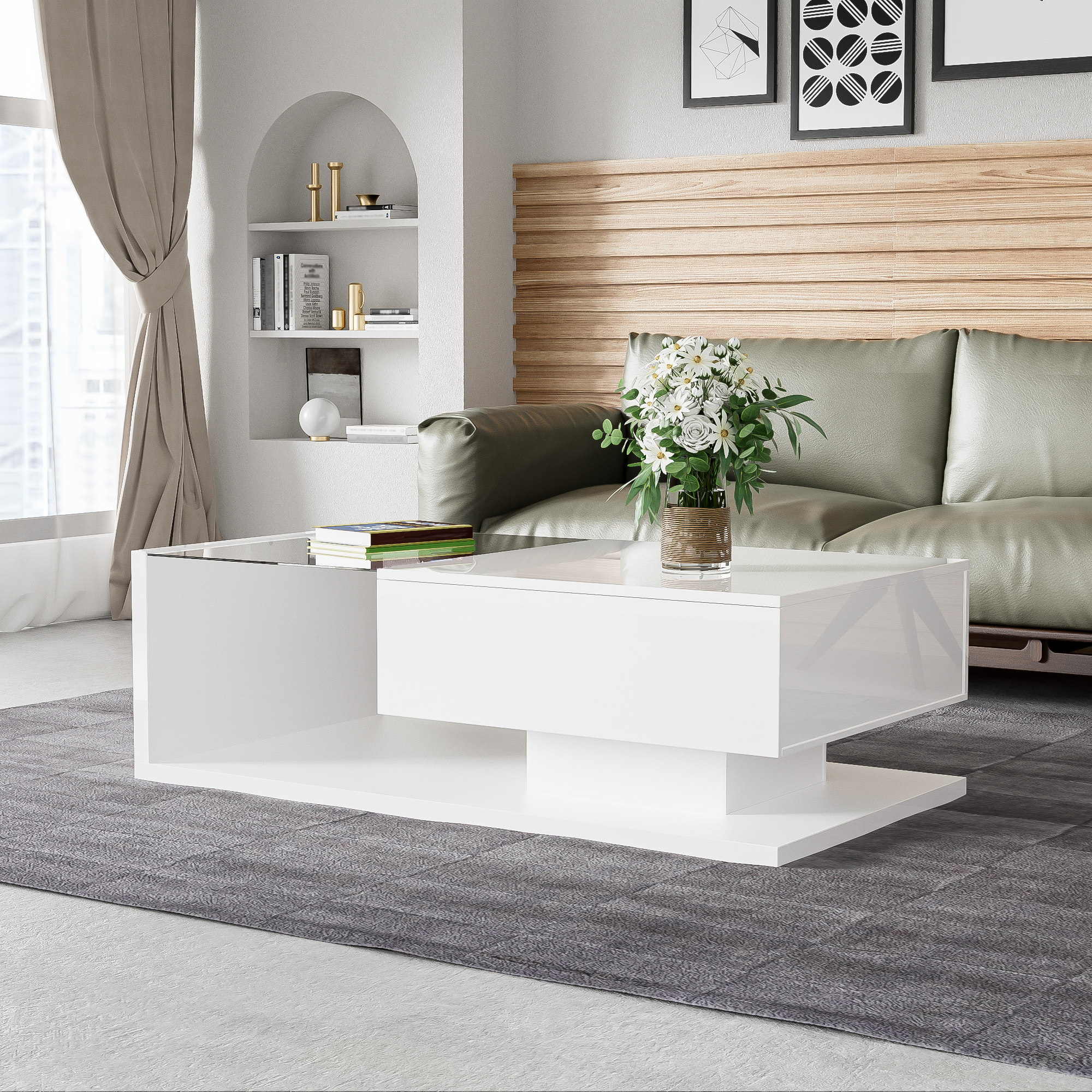 Coffee table, high-gloss white. Side tables, coffee tables with glass and LED