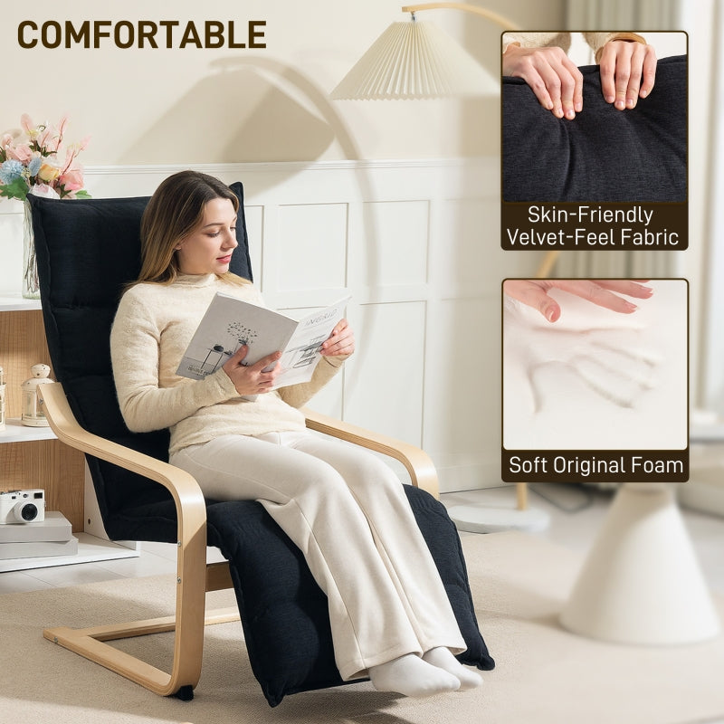 Curved Wooden Accent Chair with Adjustable Footrest - Black