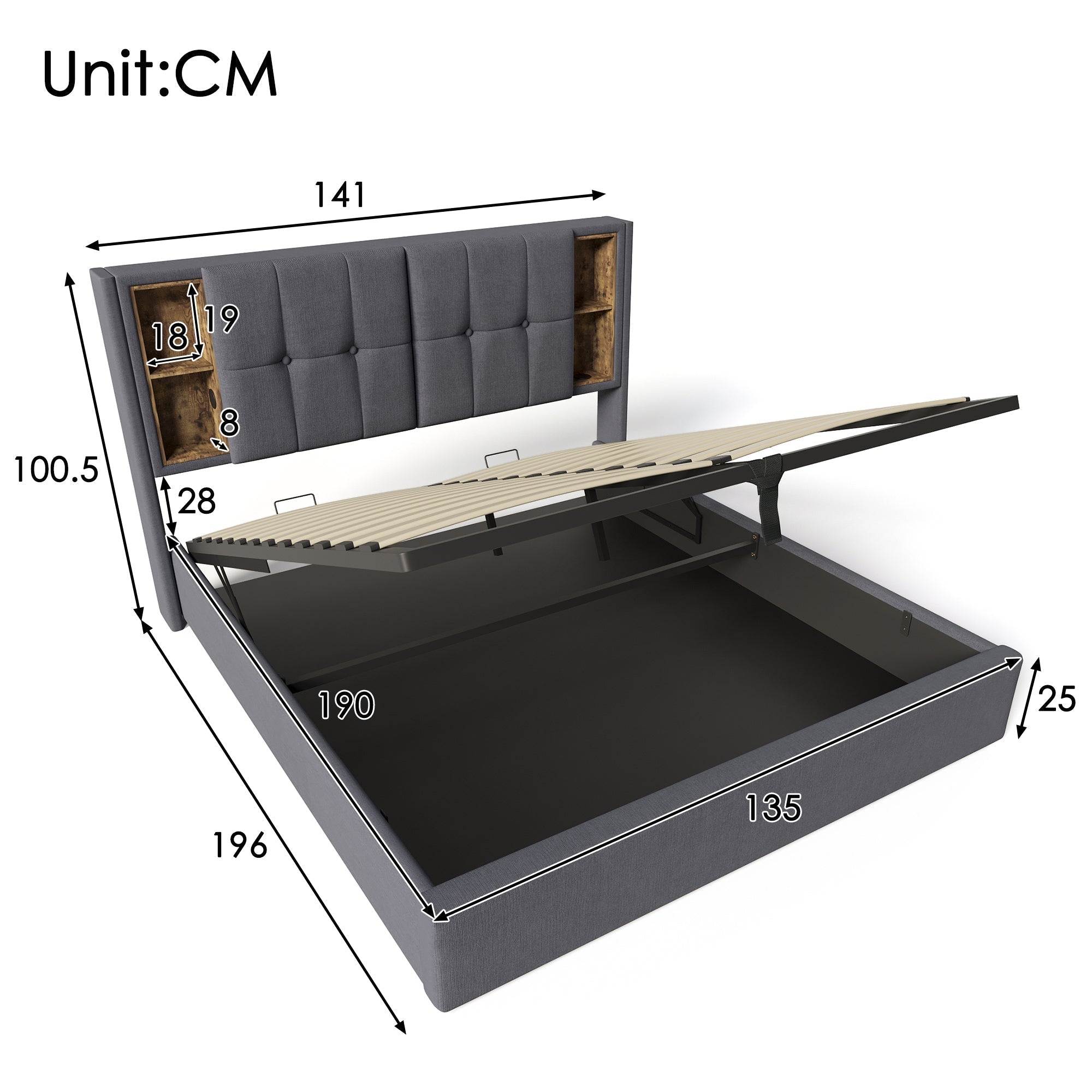Upholstered Double Bed with Wireless Charging, Hydraulic Storage & Lift, 4FT6 Linen Fabric, Grey