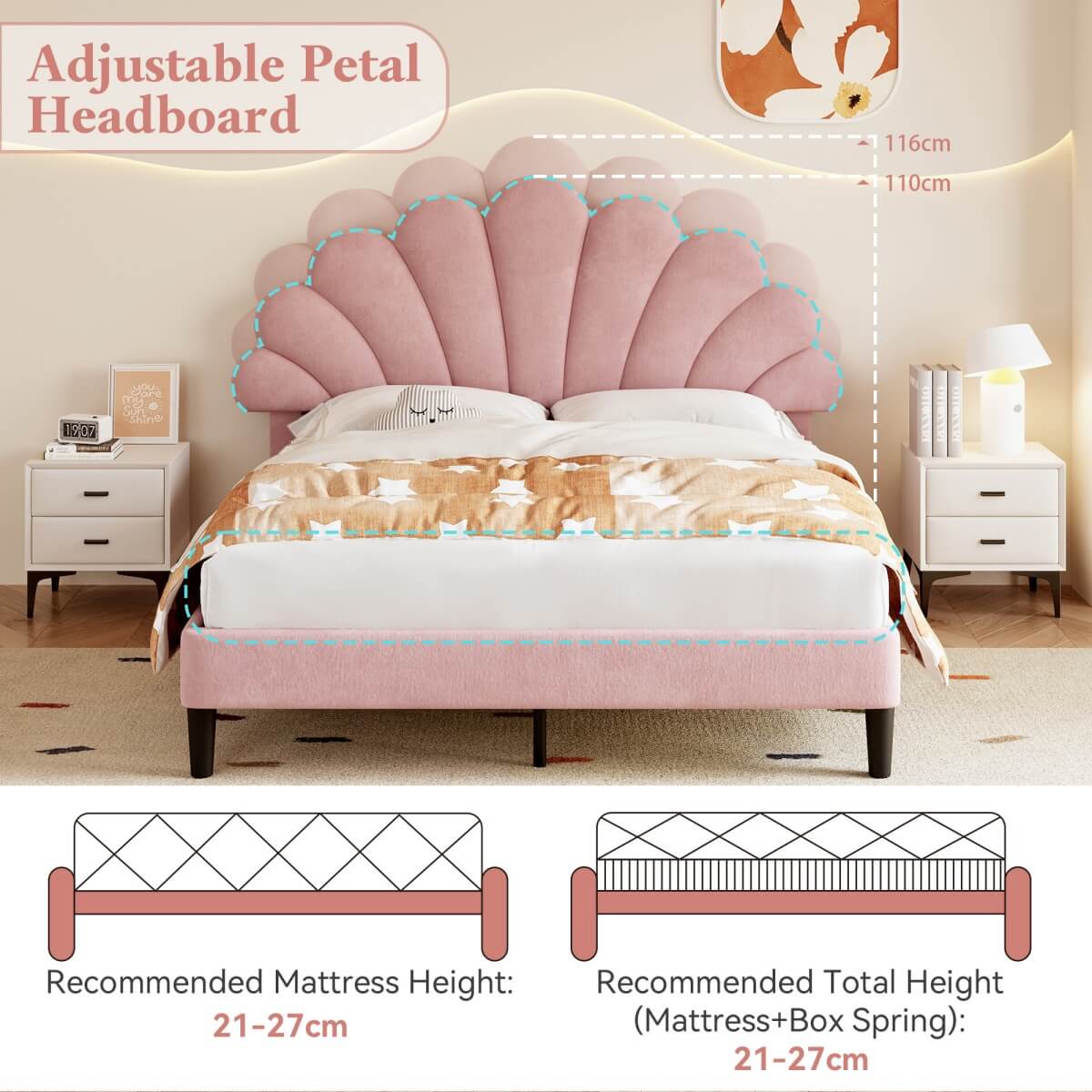 4FT6 Double Upholstered Velvet Bed Frame – Adjustable Petal Headboard, Slatted Base