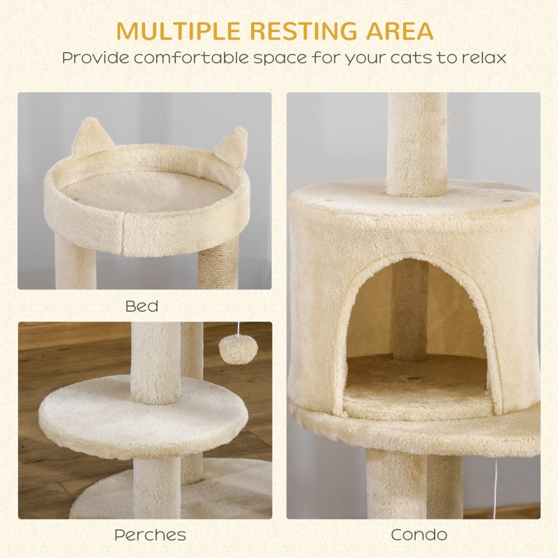 Cat Tree 104 cm Cat Condo Tower Activity Centre Scratching Posts Plush Perch Hanging Ball - Cream White