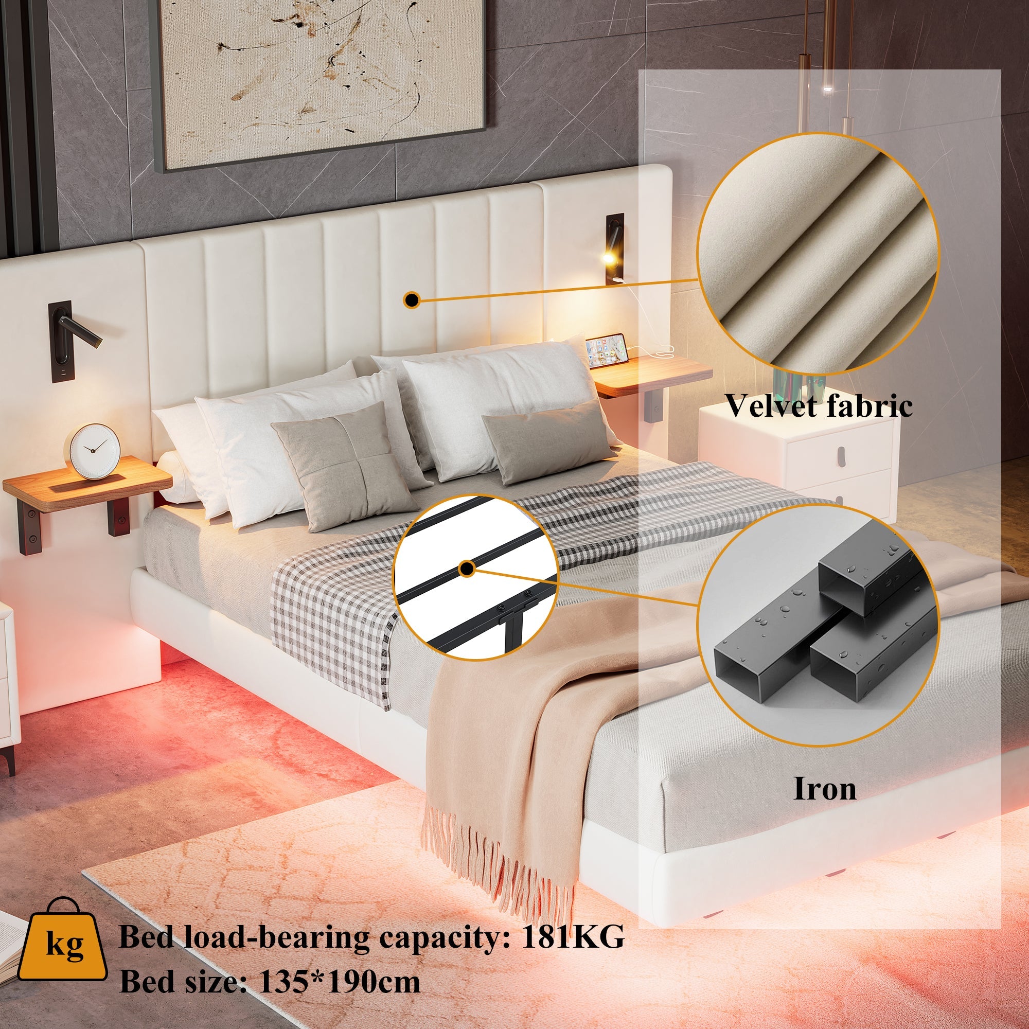 Upholstered Bed, 4ft6 Double, 2 Bedside Lamps, Headboard Storage & Charging, Velvet+Iron, White