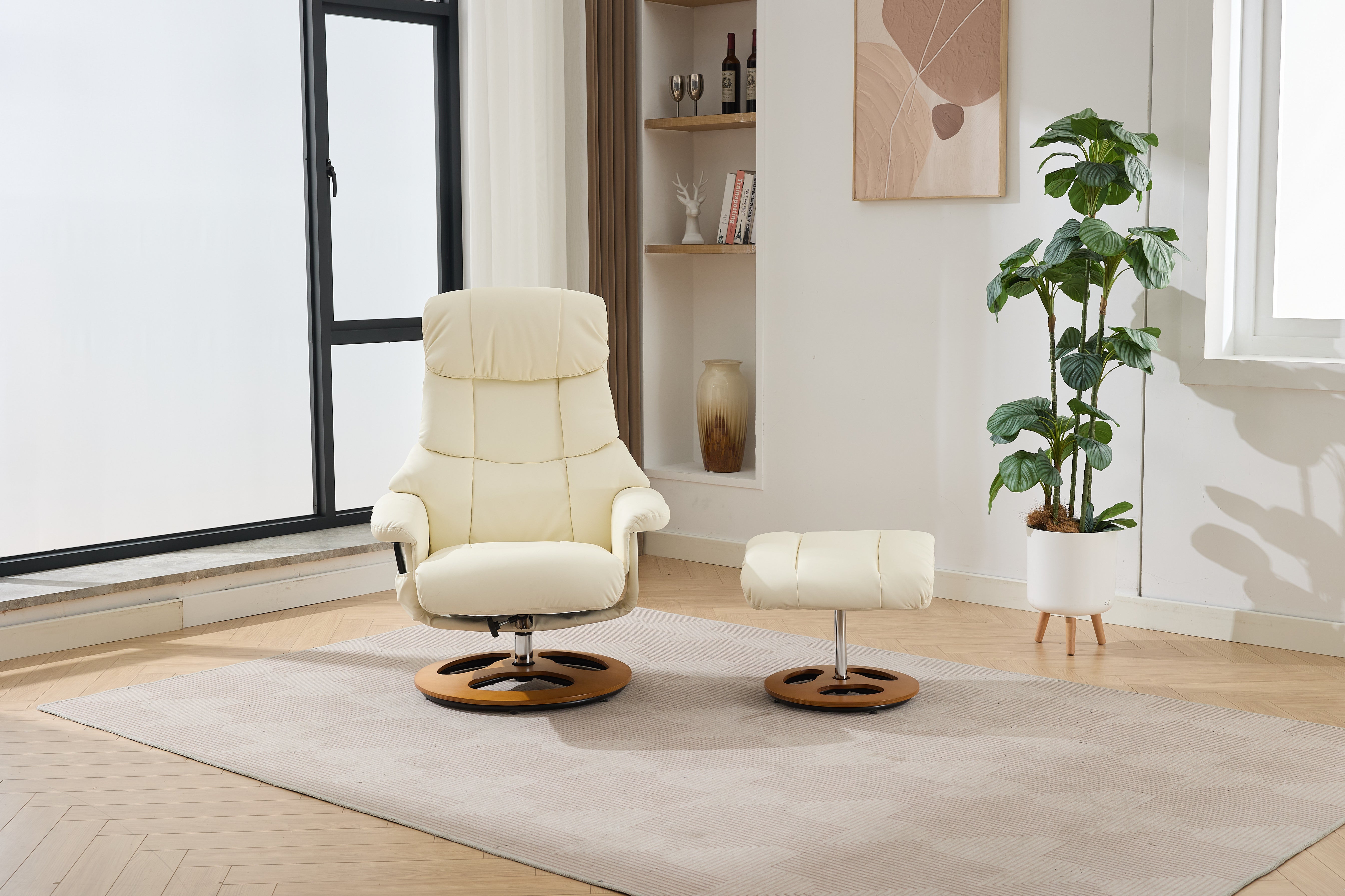 PU Upholstered Massage Recliner with ottoman footstool, 5 Points Massager, Wood/Metal Base, White